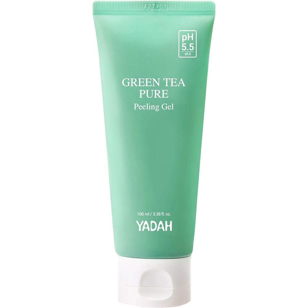 Grüne Tube mit "Green Tea Pure Peeling Gel"-Aufdruck. Marke: Yadah. pH 5.5. Weiße Kappe. Aufschrift in Weiß.