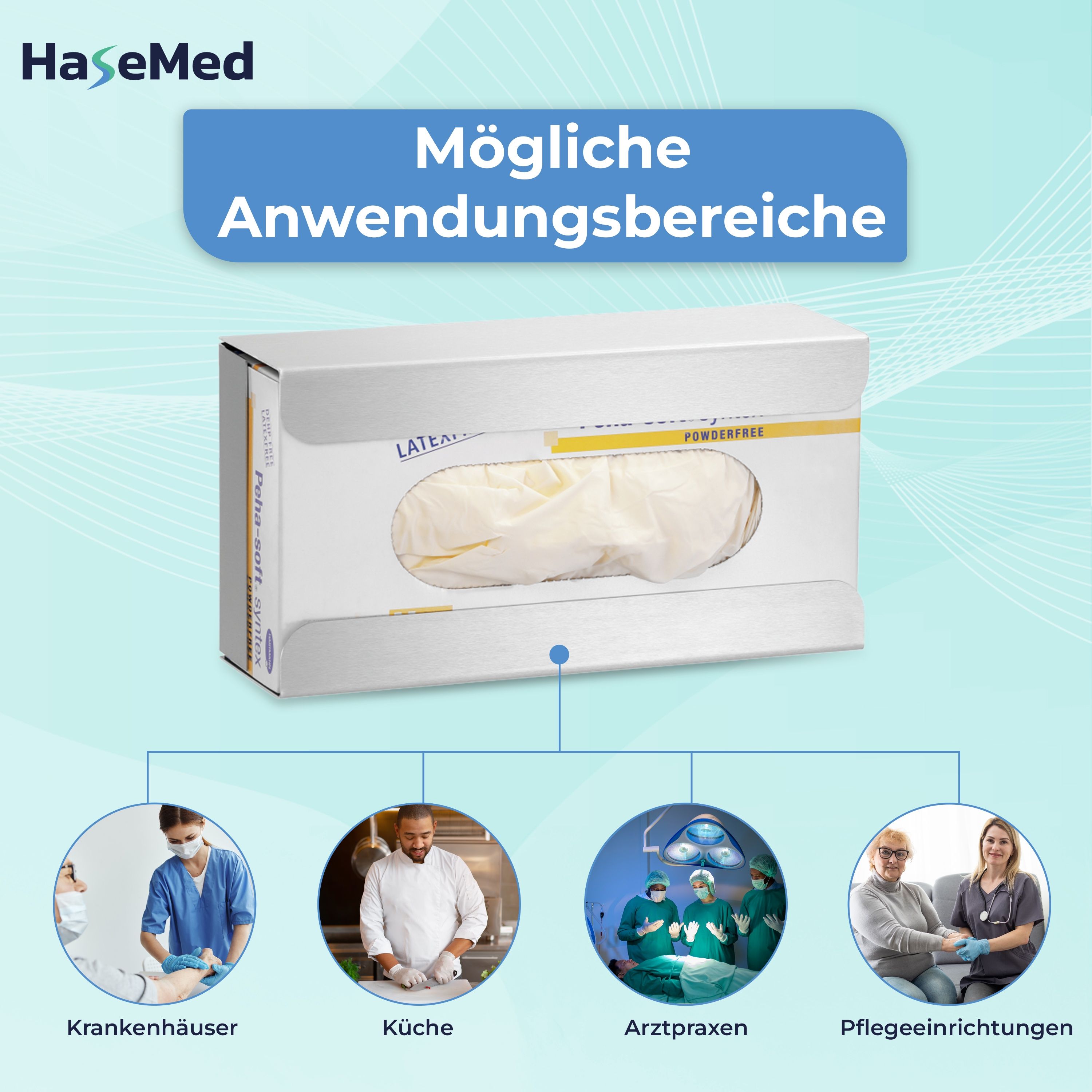 Handschuhbox in der Halterung. Mögliche Anwendungsbereiche: Krankenhäuser, Küchen, Arztpraxen, Pflegeeinrichtungen.