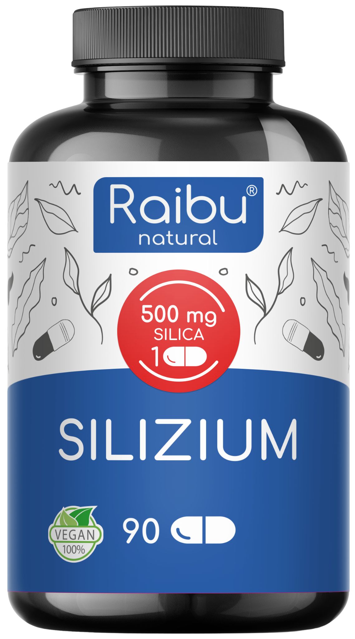 Dunkle Flasche mit Kapseln. Aufschrift: Raibu natural, Silizium, 90 Kapseln, 500 mg Silica, vegan.