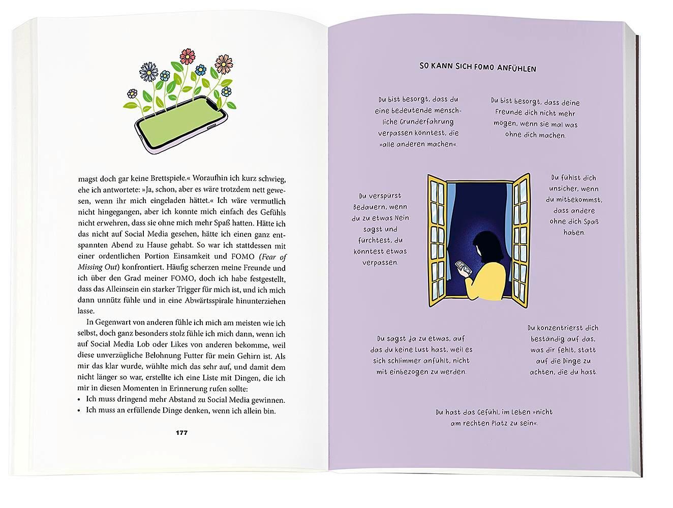 Buchinnenseite mit Text und Illustrationen. Thema: So kann sich FOMO anfühlen. Text in deutscher Sprache. Illustrationen im Comic-Stil.