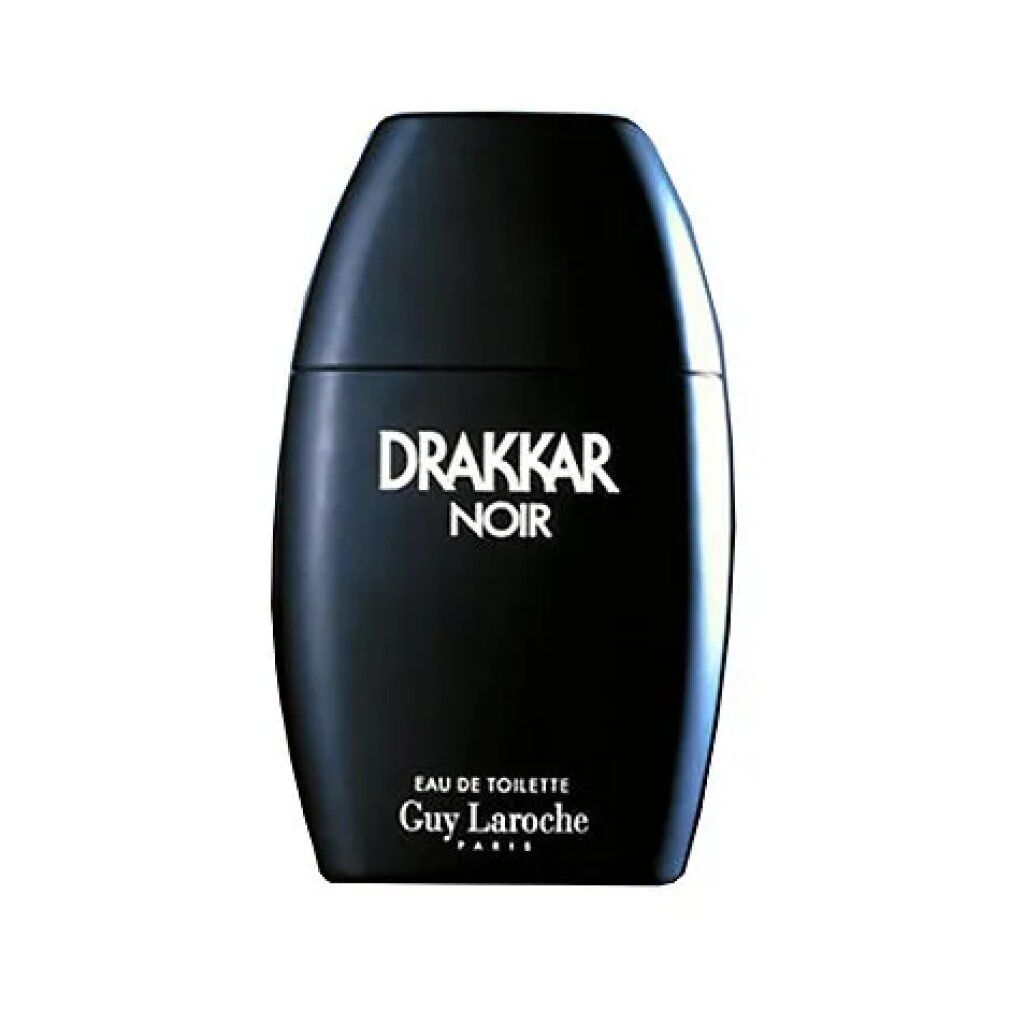 Schwarzer Flakon von Drakkar Noir Eau de Toilette. Aufschrift: Drakkar Noir, Guy Laroche. Flakonform: oval.