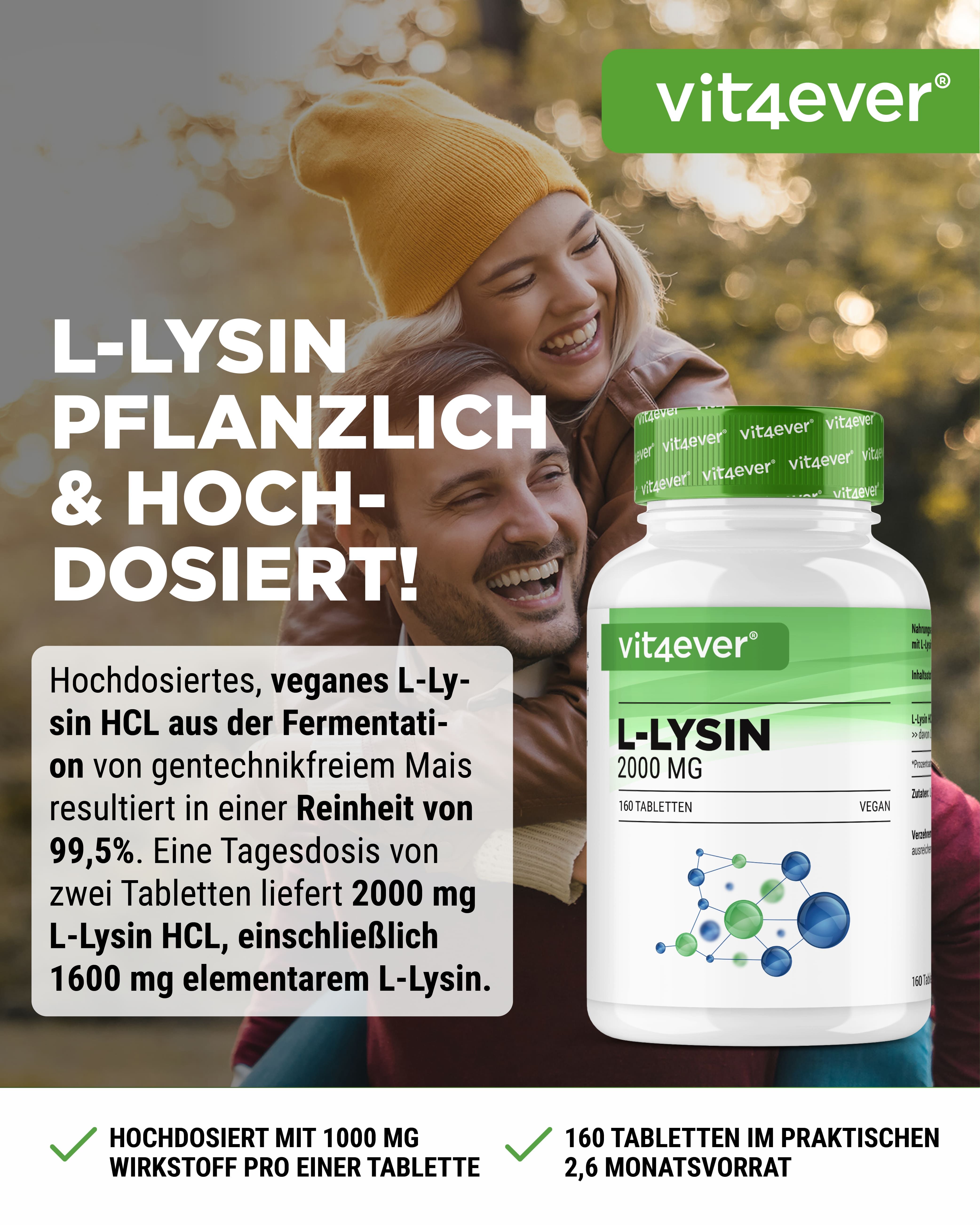 Weiße Flasche mit grünem Deckel. Aufschrift: vit4ever L-LYSIN 2000 MG. Vegan. 160 Tabletten. Hochdosiert.