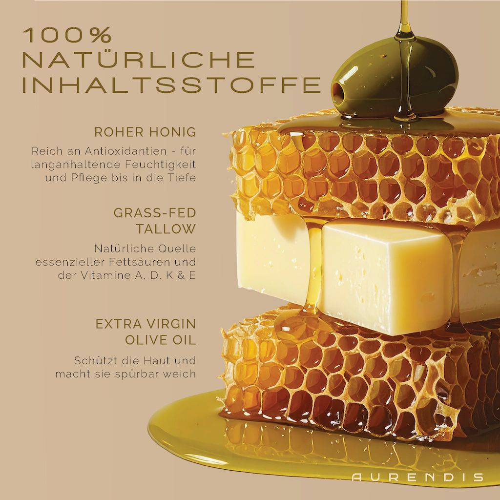 Honigwabe, Olivenöl und Talg. Text: 100% natürliche Inhaltsstoffe.