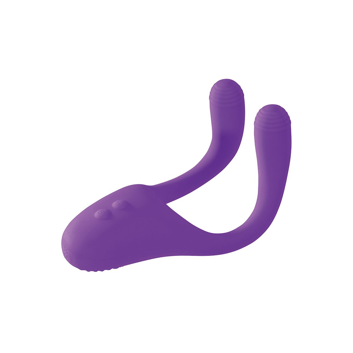 Lila Produkt mit U-Form. Zwei abgerundete Spitzen. Zwei Knöpfe am unteren Ende.