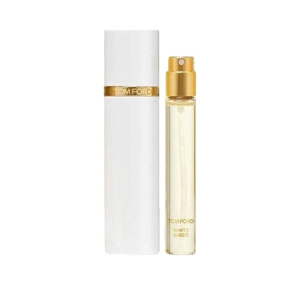 Weißes Parfum mit goldfarbenen Akzenten. Neben einer länglichen Flasche steht eine kleinere Sprühflasche. Aufschrift: TOM FORD White Suede.