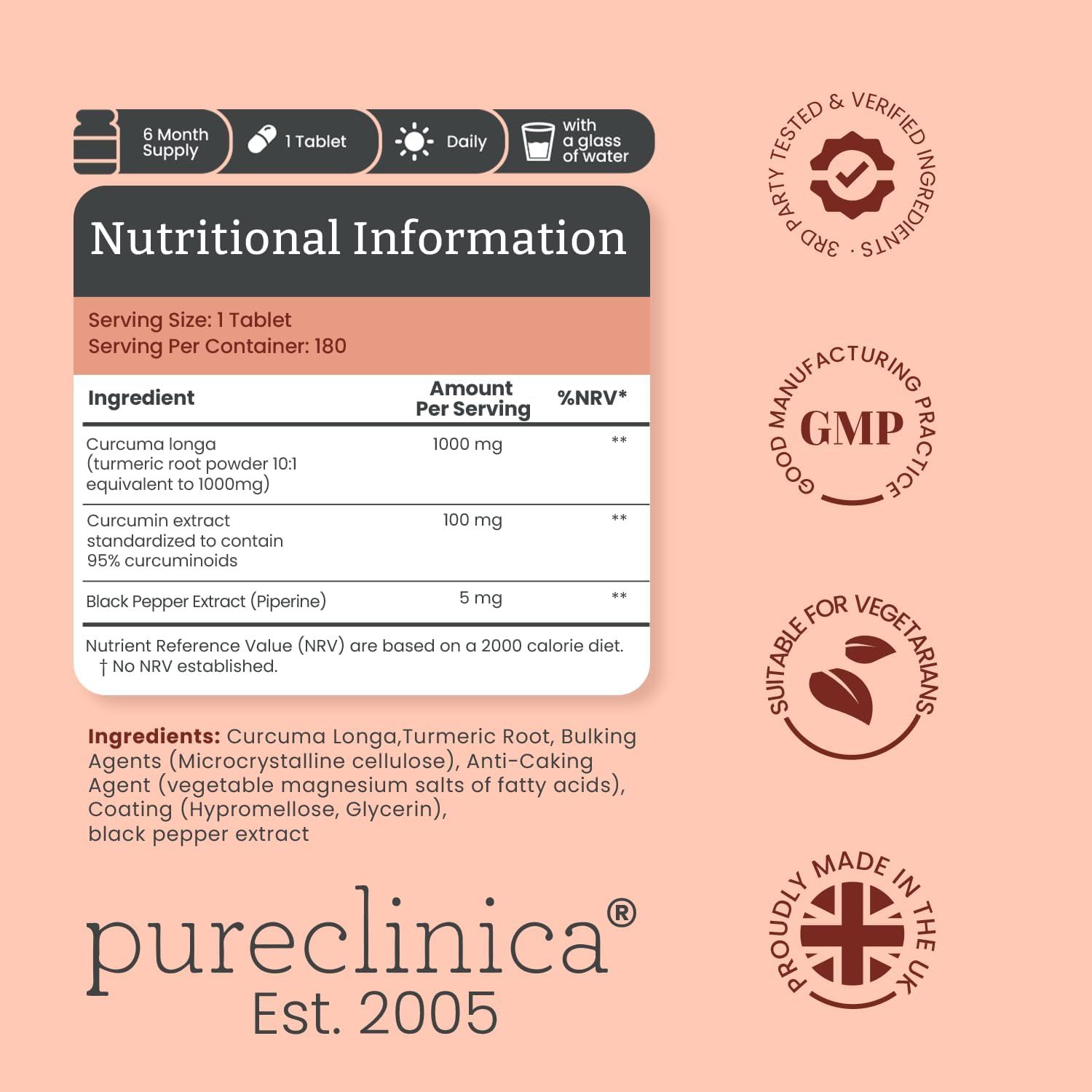 Nährwertangaben für Curcuma-Tabletten: 1000mg Curcuma longa, 100mg Curcumin-Extrakt, 5mg schwarzer Pfeffer-Extrakt. Für Vegetarier geeignet.