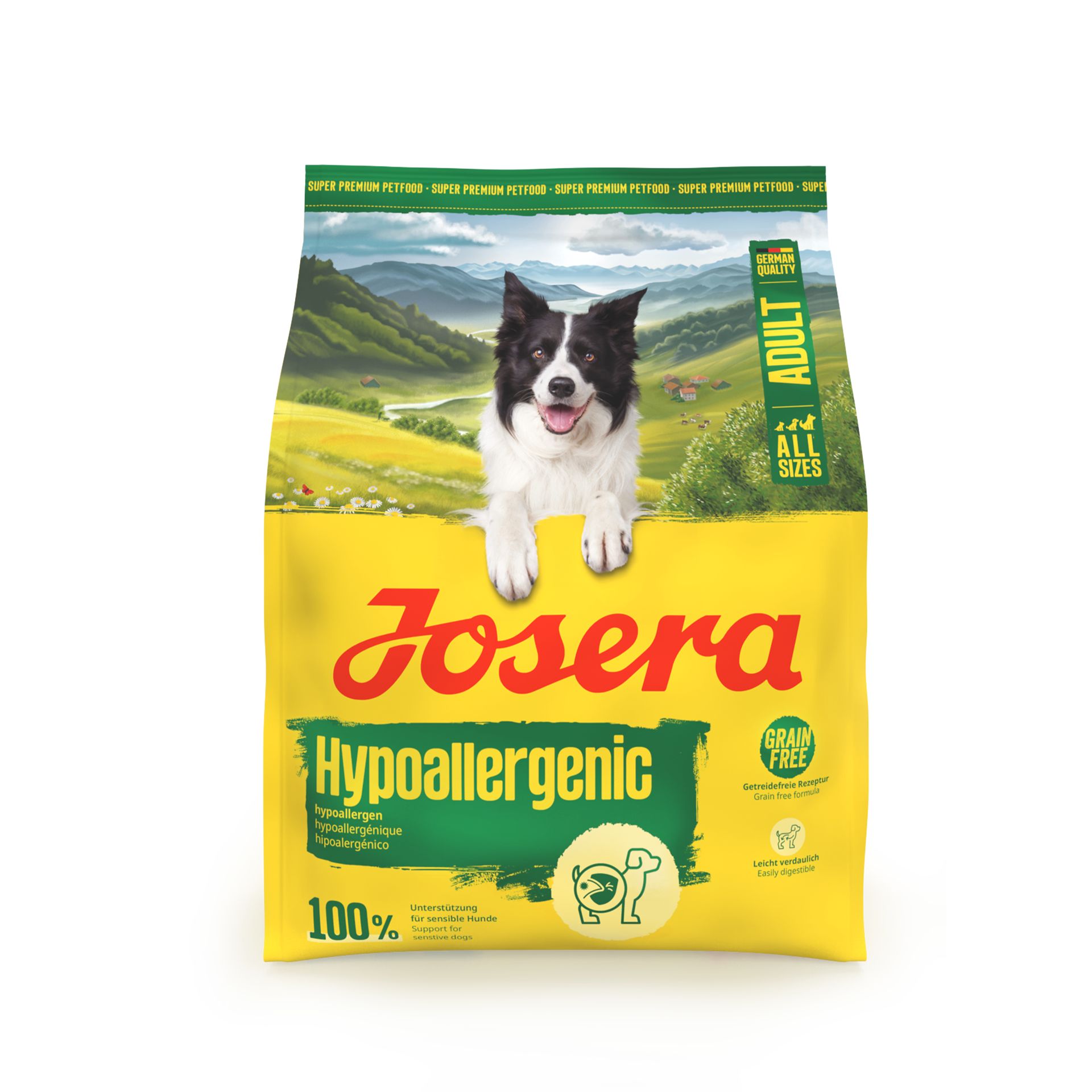 Josera Hypoallergenic Hundefutter: Getreidefreie Rezeptur mit einem Hund auf der Verpackung.