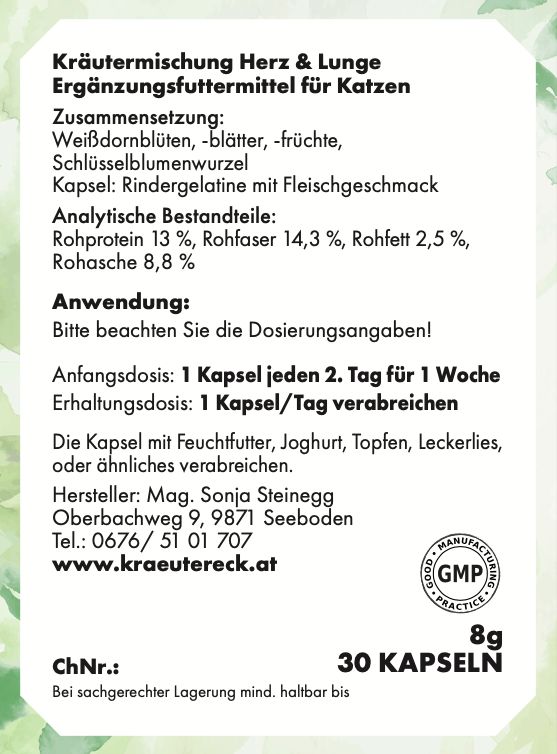 Etikett mit Text: Kräutermischung Herz & Lunge, Ergänzungsfuttermittel für Katzen. Inhaltsstoffe, Dosierung, Herstellerangaben, 30 Kapseln.