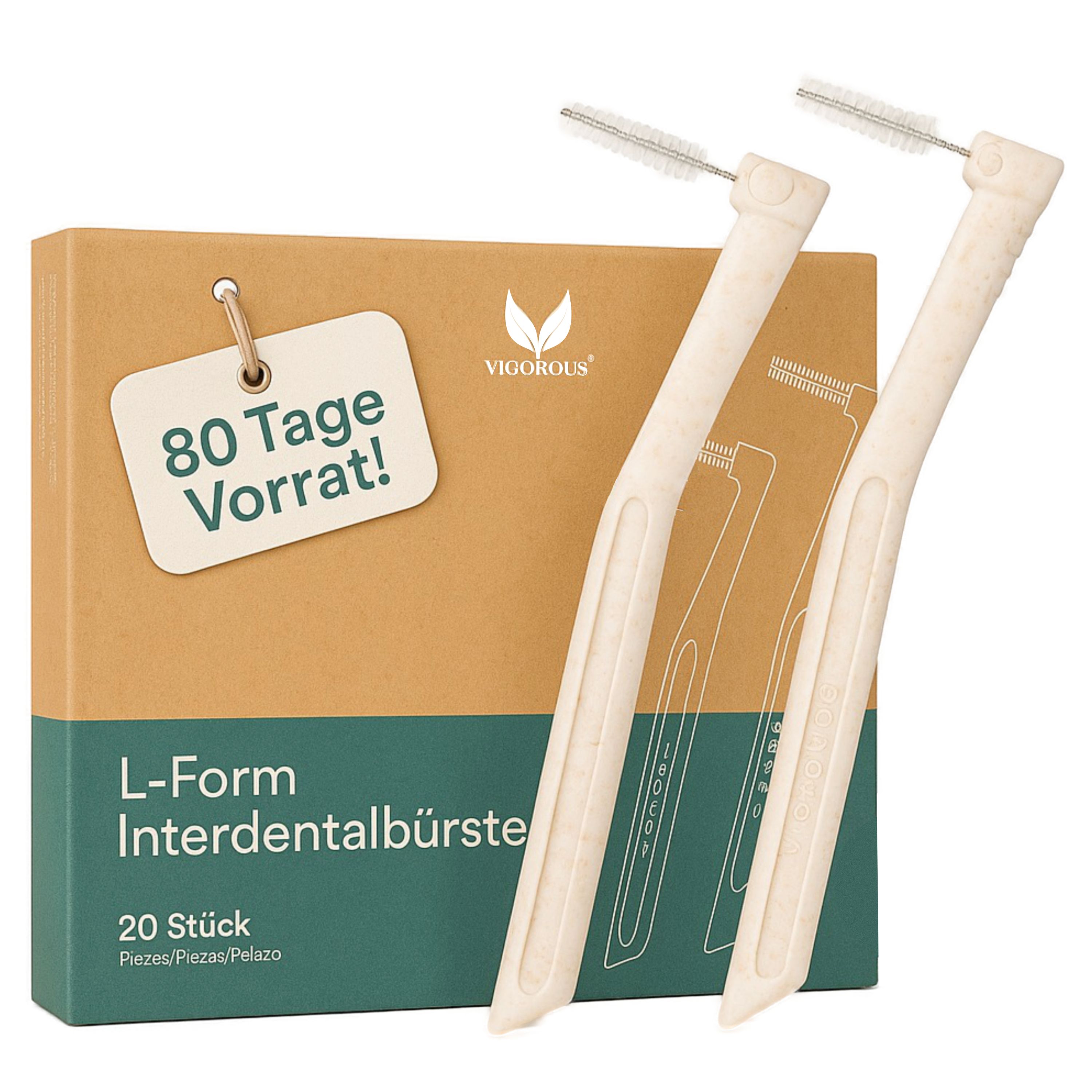 Packung mit L-Form Interdentalbürsten. 20 Stück. Aufschrift: 80 Tage Vorrat. Marke VIGOROUS®.