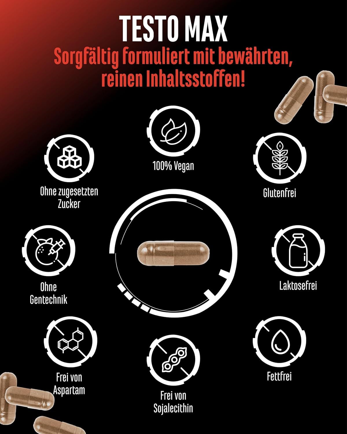 Kapseln mit verschiedenen Symbolen. Ohne Zucker, vegan, glutenfrei, ohne Gentechnik, laktosefrei, ohne Aspartam, fettfrei, ohne Sojalecithin.