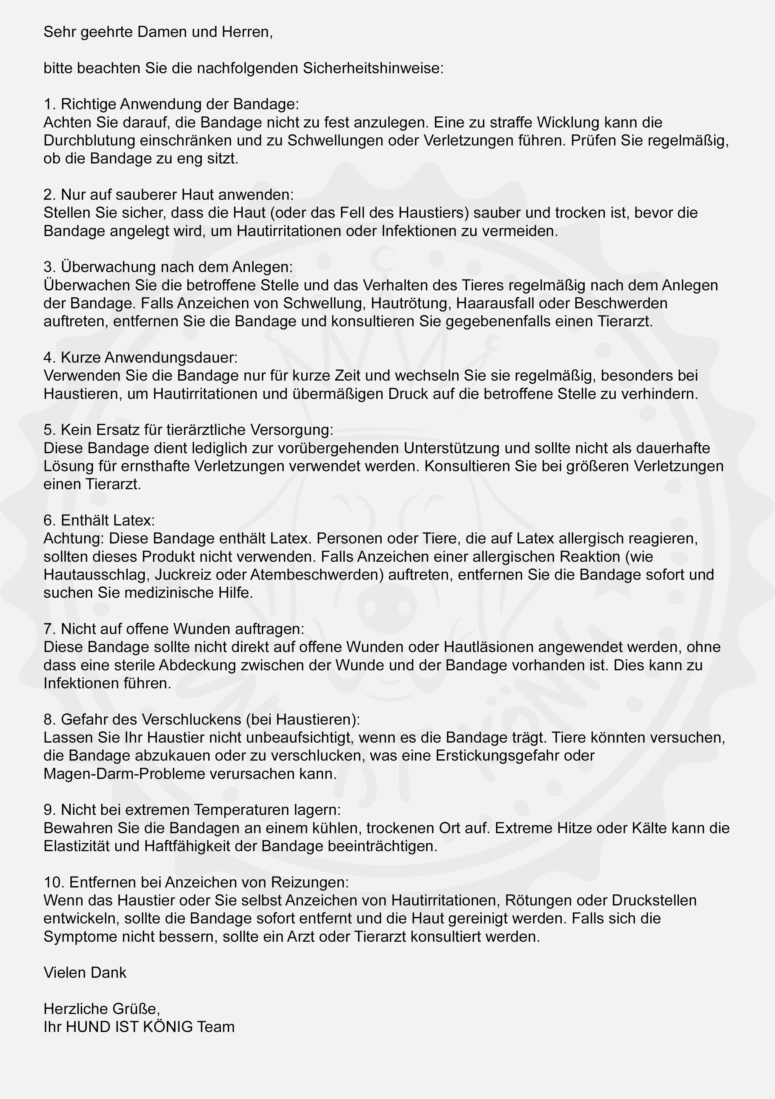 Sicherheits- und Anwendungshinweise für Bandagen. Text auf weißem Hintergrund.