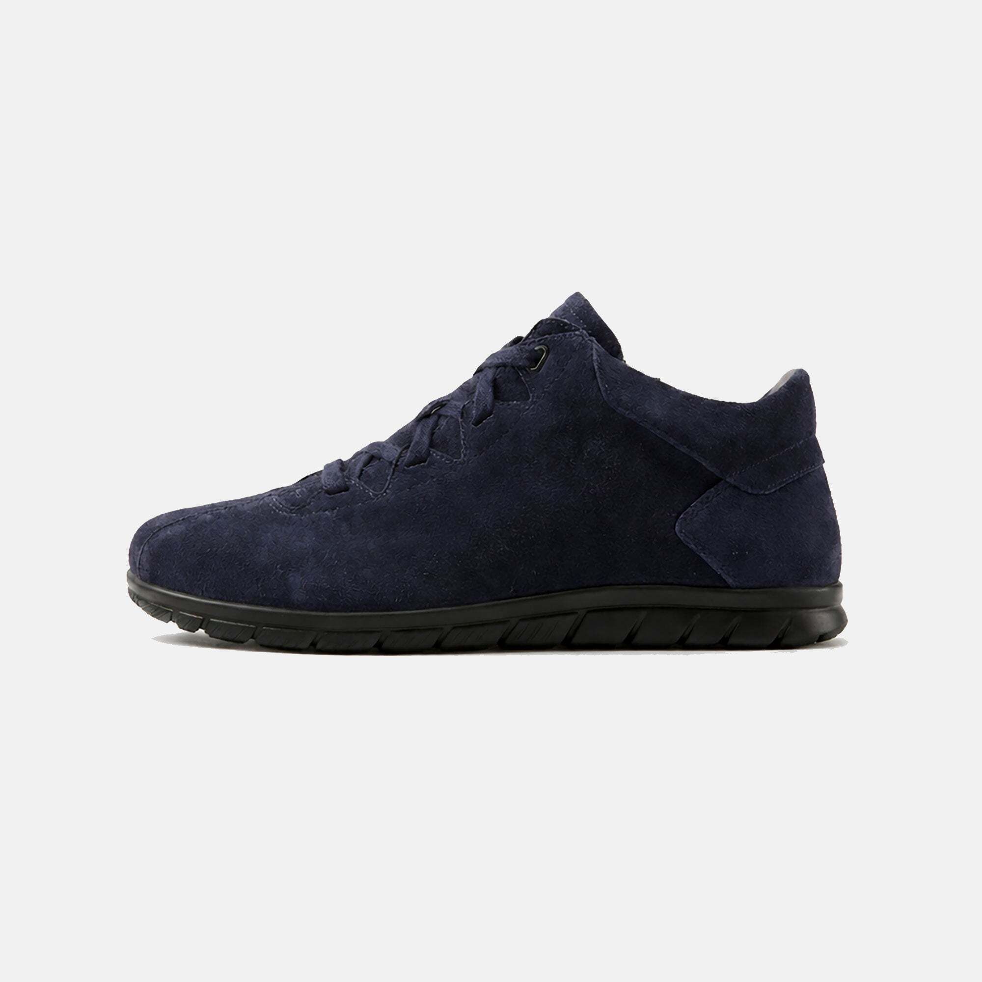 Dunkelblaue Damen-Stiefelette aus Wildleder, Seitenansicht.