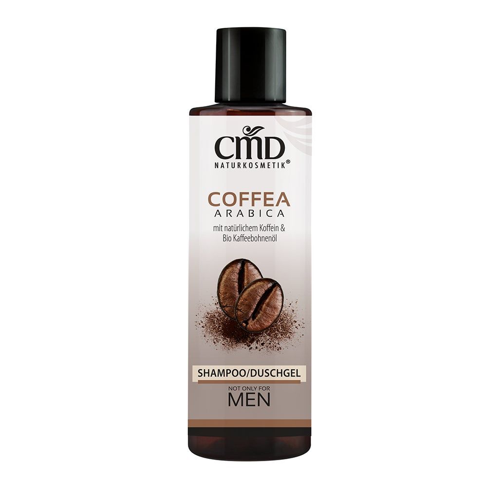 Braune Flasche mit schwarzem Deckel. Aufschrift: CMD Naturkosmetik, Coffea Arabica Shampoo/Duschgel. Abbildung von Kaffeebohnen.