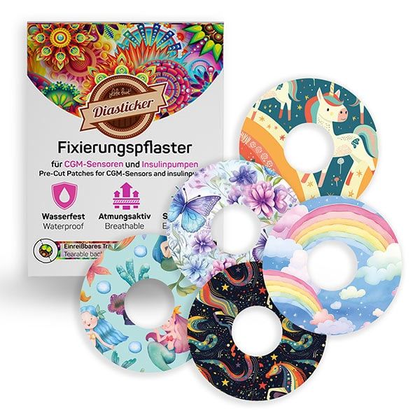 Fixierpflaster-Mix-Paket mit verschiedenen Designs. Verpackung mit Produktname und Eigenschaften.