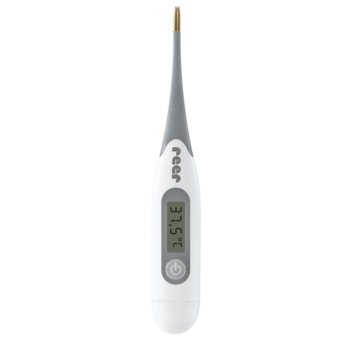 Digitales Thermometer mit Display, zeigt 37,5°C an. Weißes Gehäuse, grauer Griff, goldene Spitze. Marke: reer.