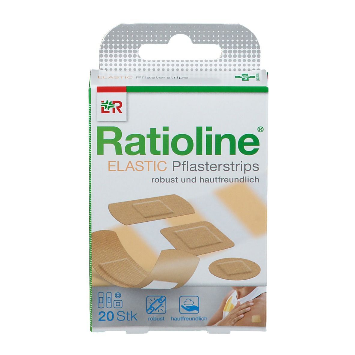 Ratioline® elastic Pflasterstrips-Verpackung, Vorderansicht. 20 Stück. Pflaster in verschiedenen Formen und Größen abgebildet.