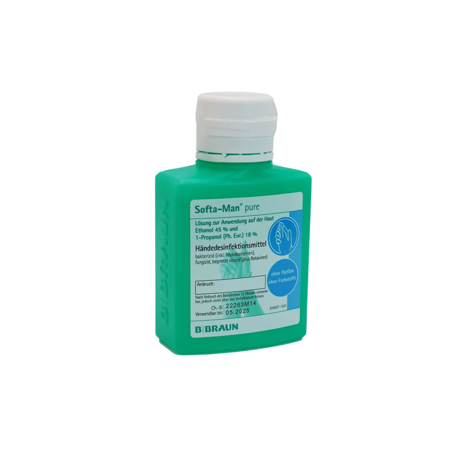 Grüne Flasche mit weißem Verschluss, beschriftet mit 'Softa-Man pure'. Enthält Handdesinfektionsmittel.
