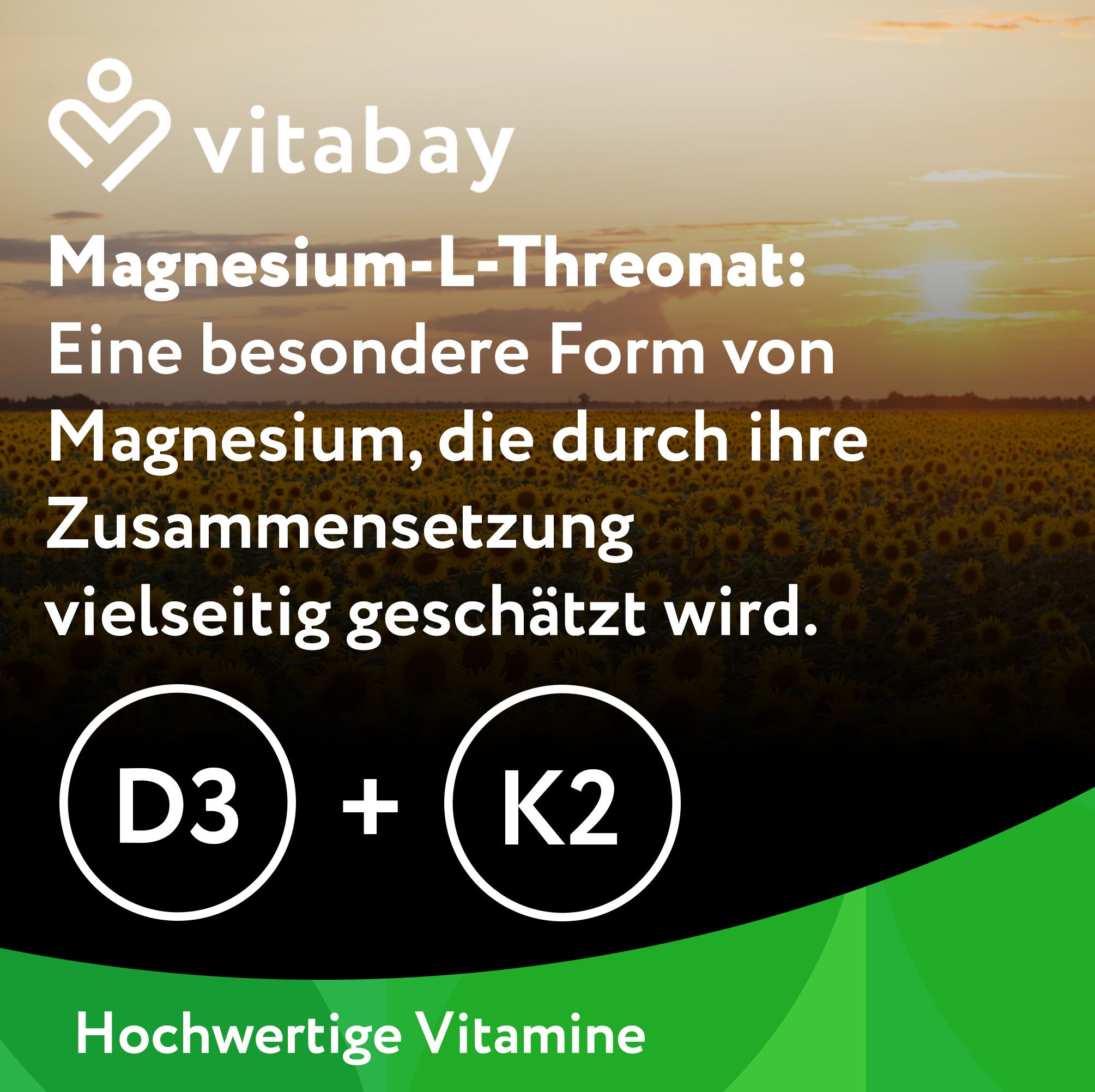 Text: Magnesium-L-Threonat: Eine besondere Form von Magnesium, die durch ihre Zusammensetzung vielseitig geschätzt wird. D3 + K2.