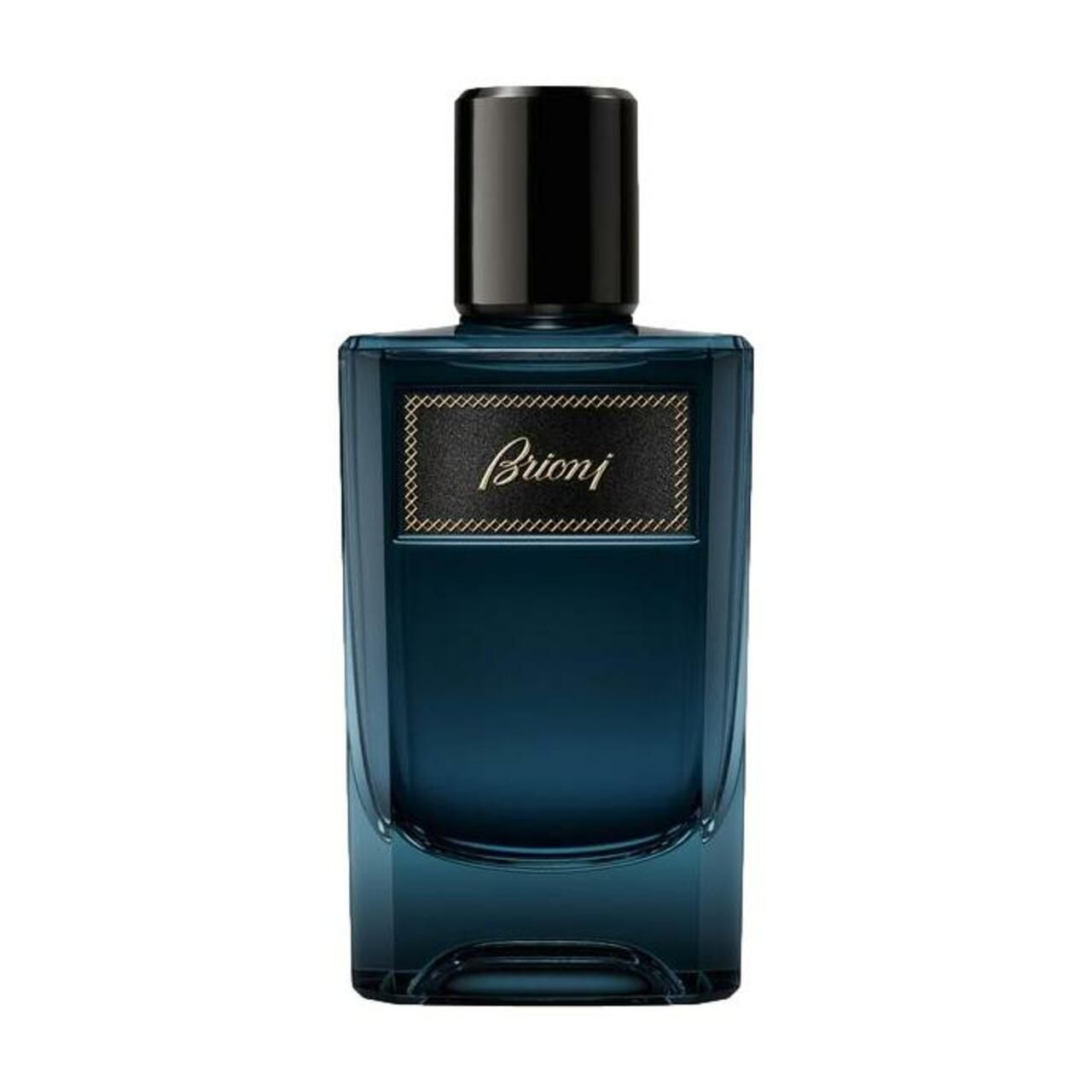 Blauer Flakon mit schwarzem Deckel. Aufschrift "Brioni".