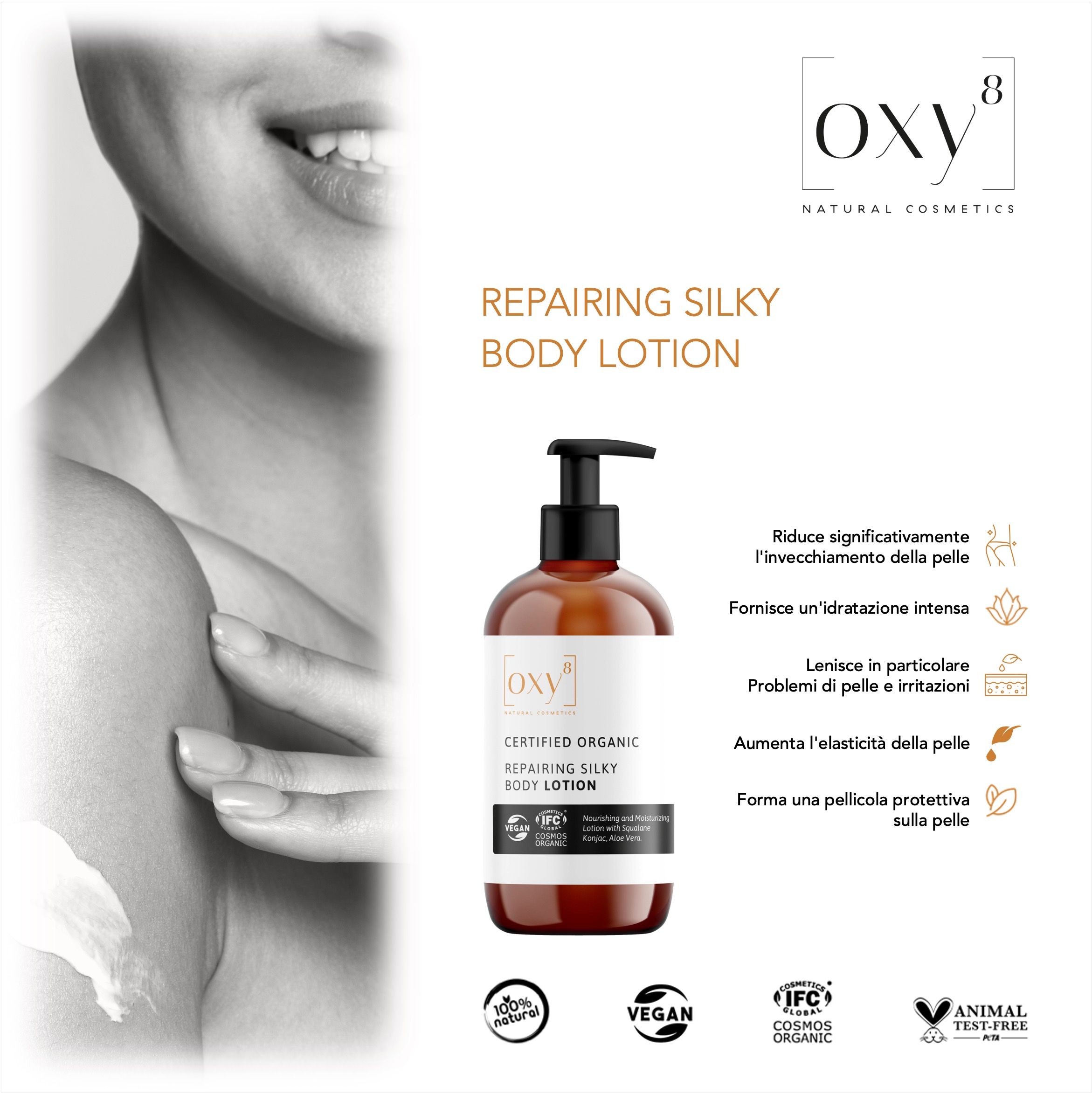Flacone marrone con tappo a pompa nero. Scritta: Repairing Silky Body Lotion. Vegano, certificato IFC.