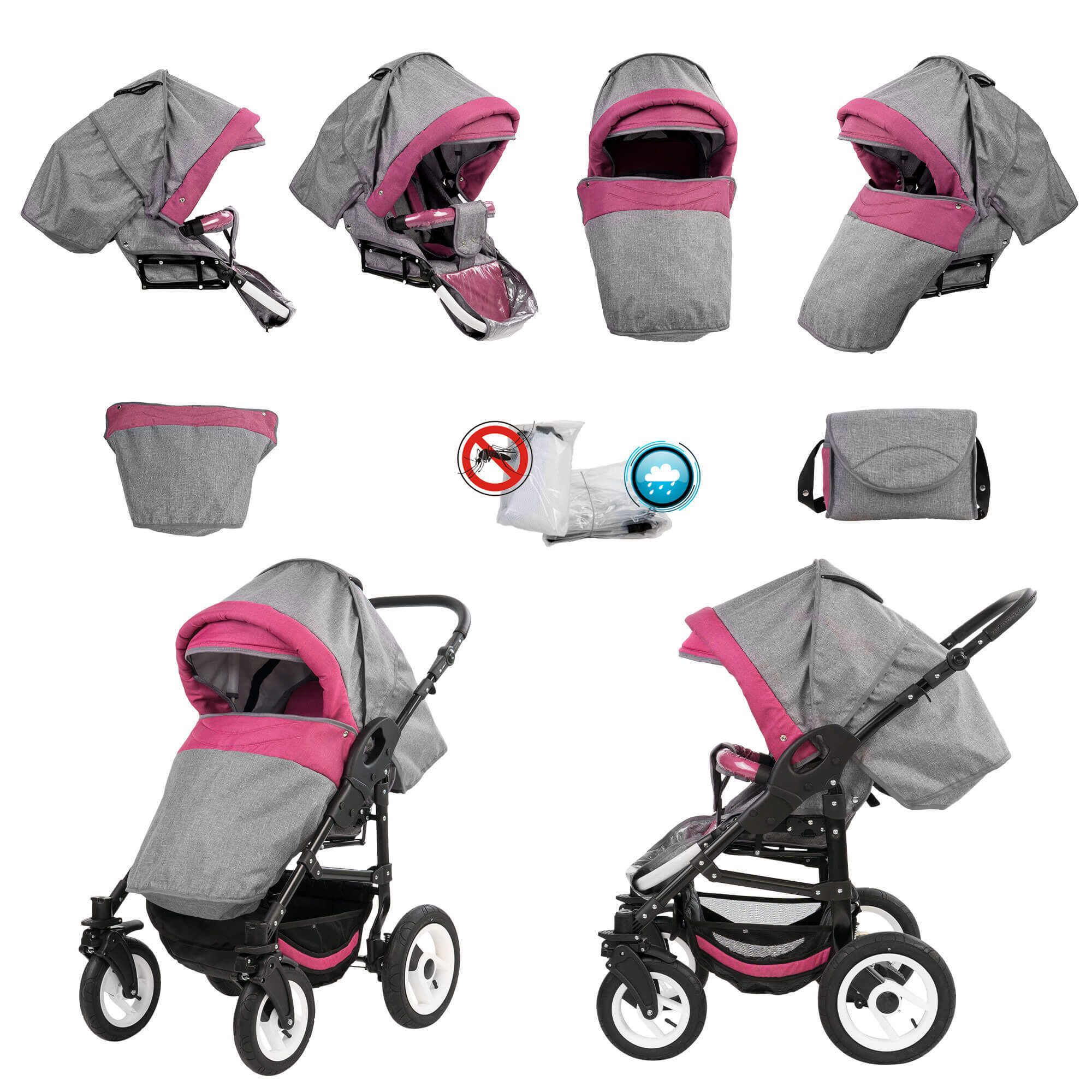 Bebebi Florenz 3 in 1 Kinderwagen Set mit Original Maxi Cosi, Luftreifen, Davanzati Pink Black
