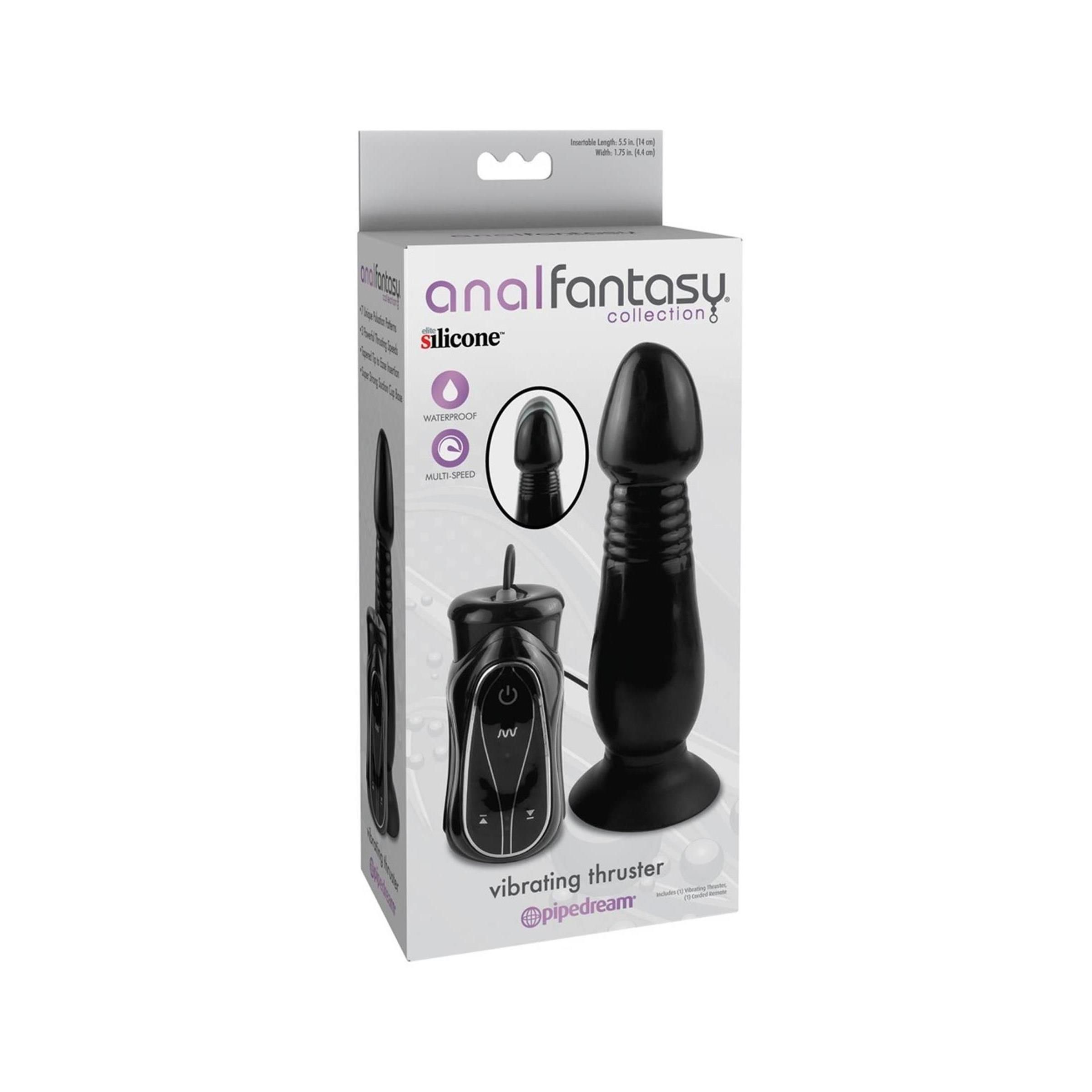 Verpackung mit Vibrator und Steuergerät. Produktname und Marke sichtbar. Schwarze Farbe.