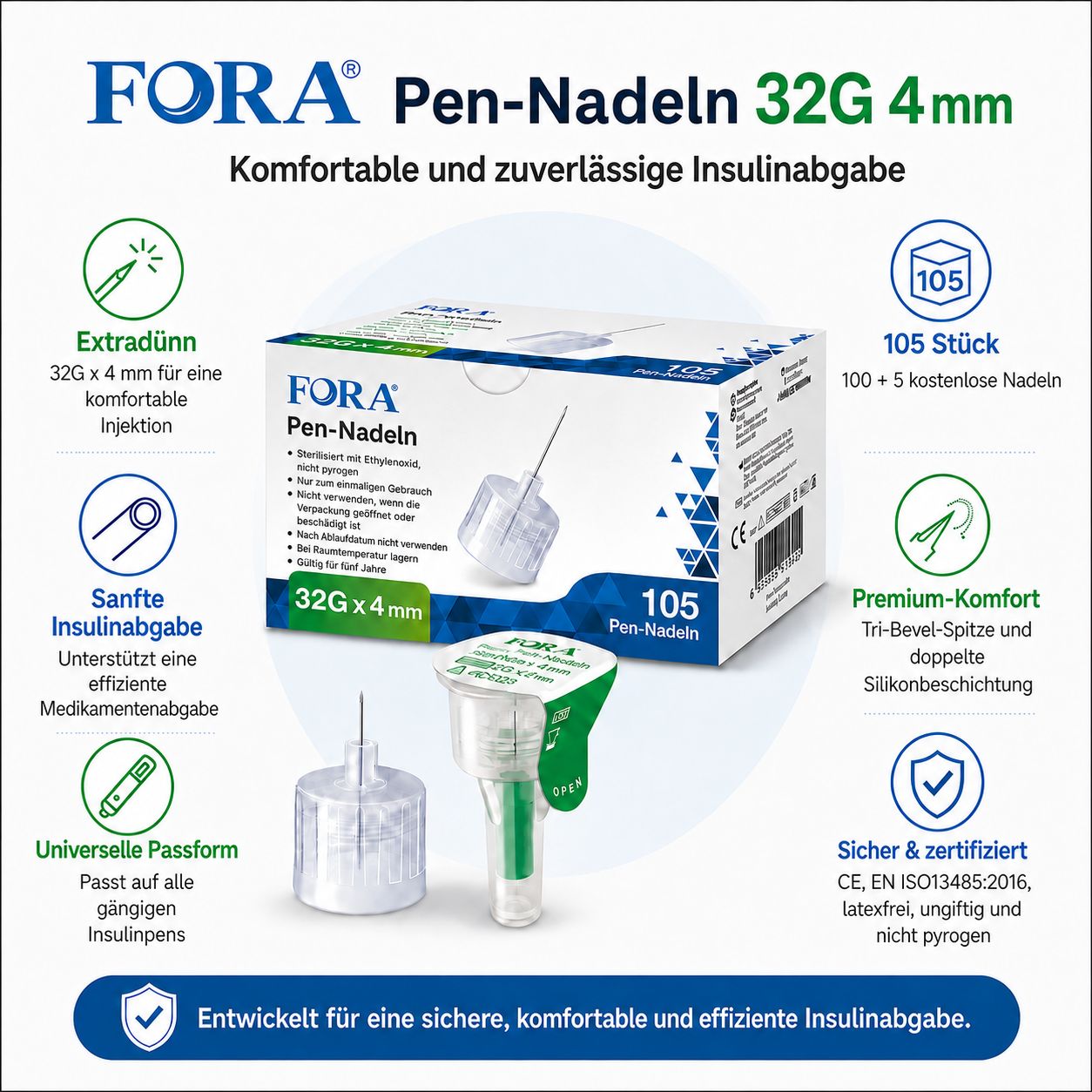 FORA Pen-Nadeln 32G 4mm, 105 Stück. Extra dünn, sanfte Injektion, universell passend. CE-zertifiziert.