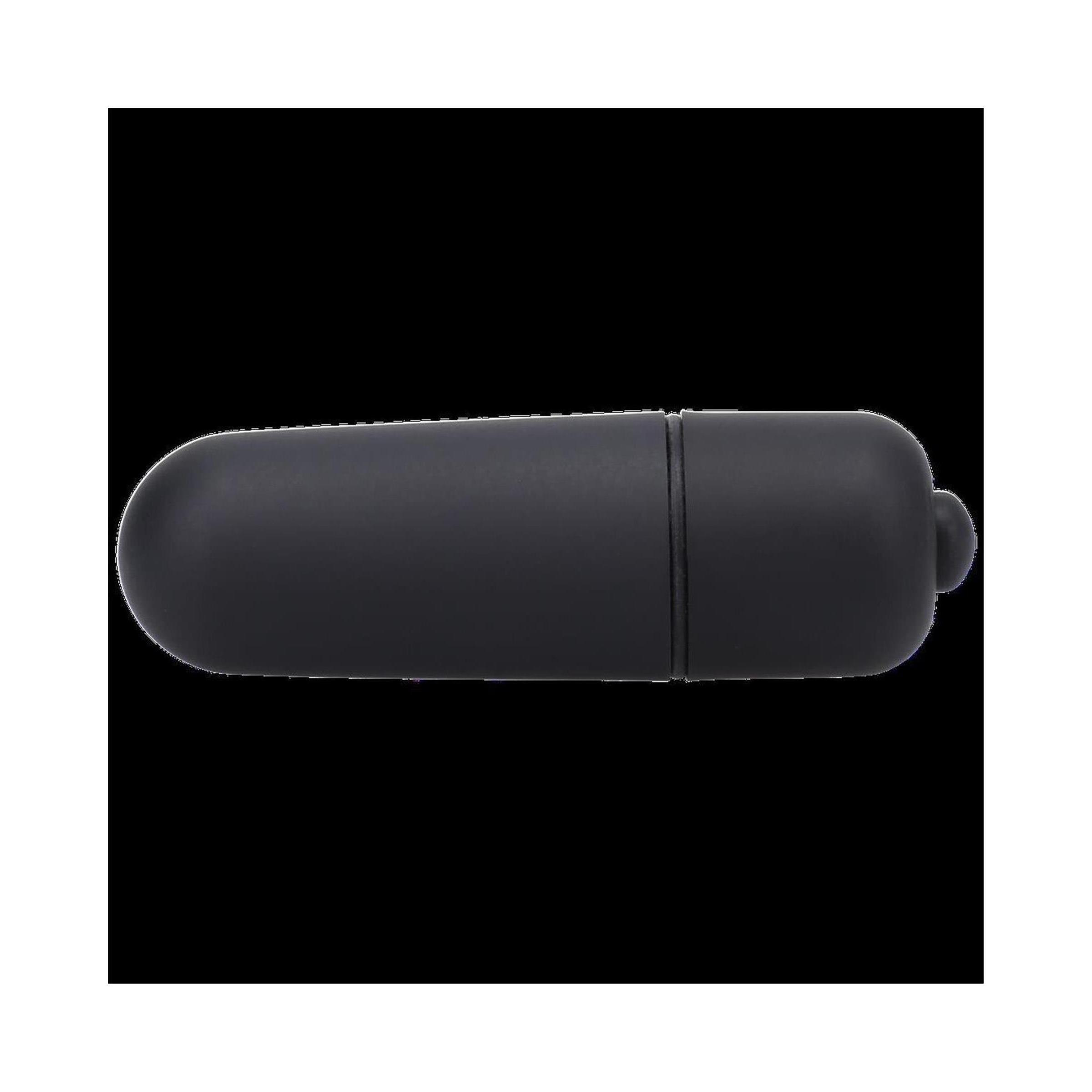 Schwarzer Vibrator in Pillenform. Zylindrische Form mit abgerundeten Enden. Knopf an einem Ende.