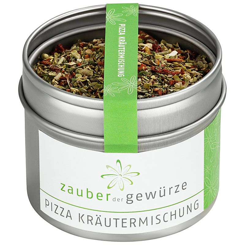 Runde Dose mit Kräutermischung. Aufschrift: Zauber der Gewürze Pizza Kräutermischung. Grünes Etikett mit floralem Muster.