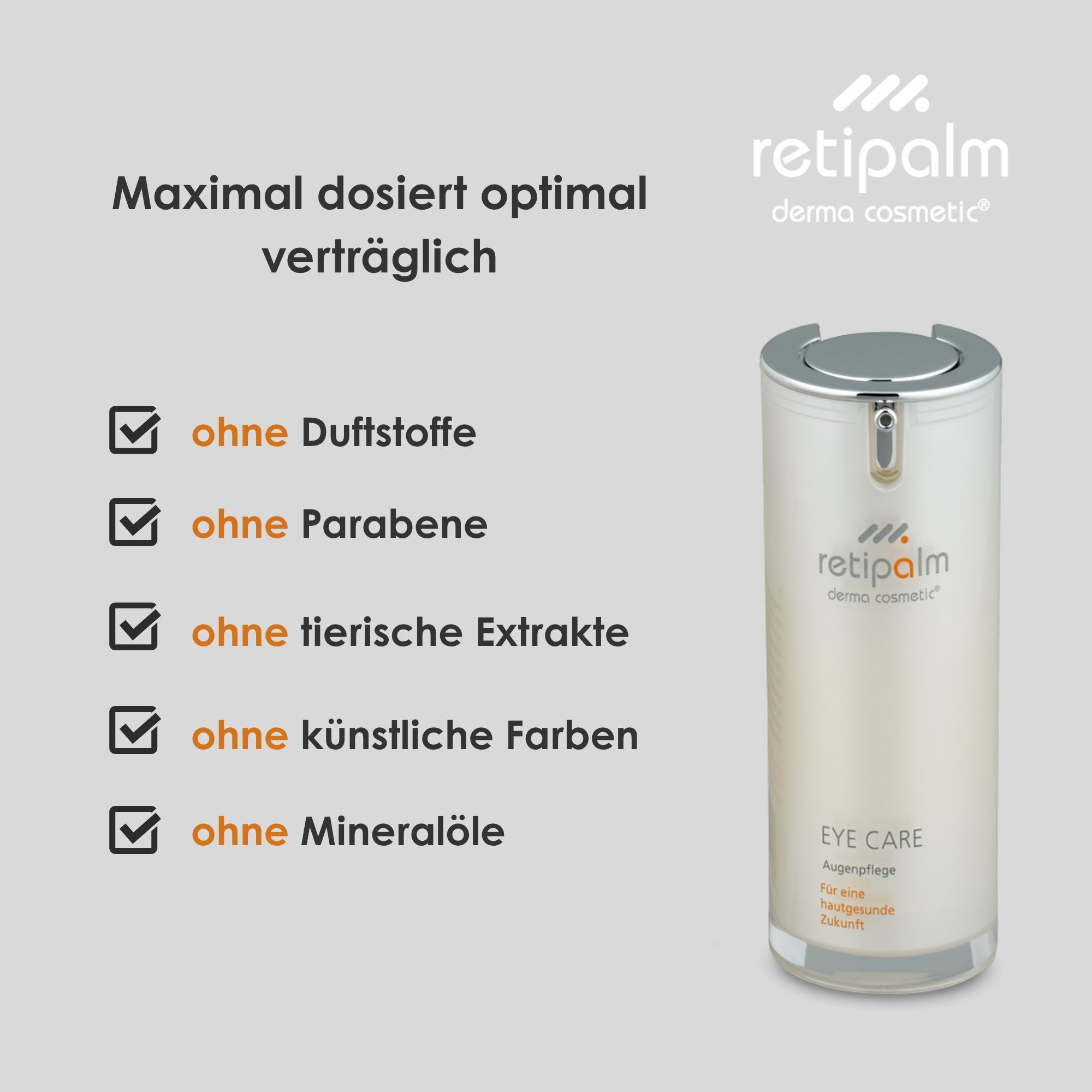 Retipalm Eye Care Spender mit Liste der Inhaltsstoffe.