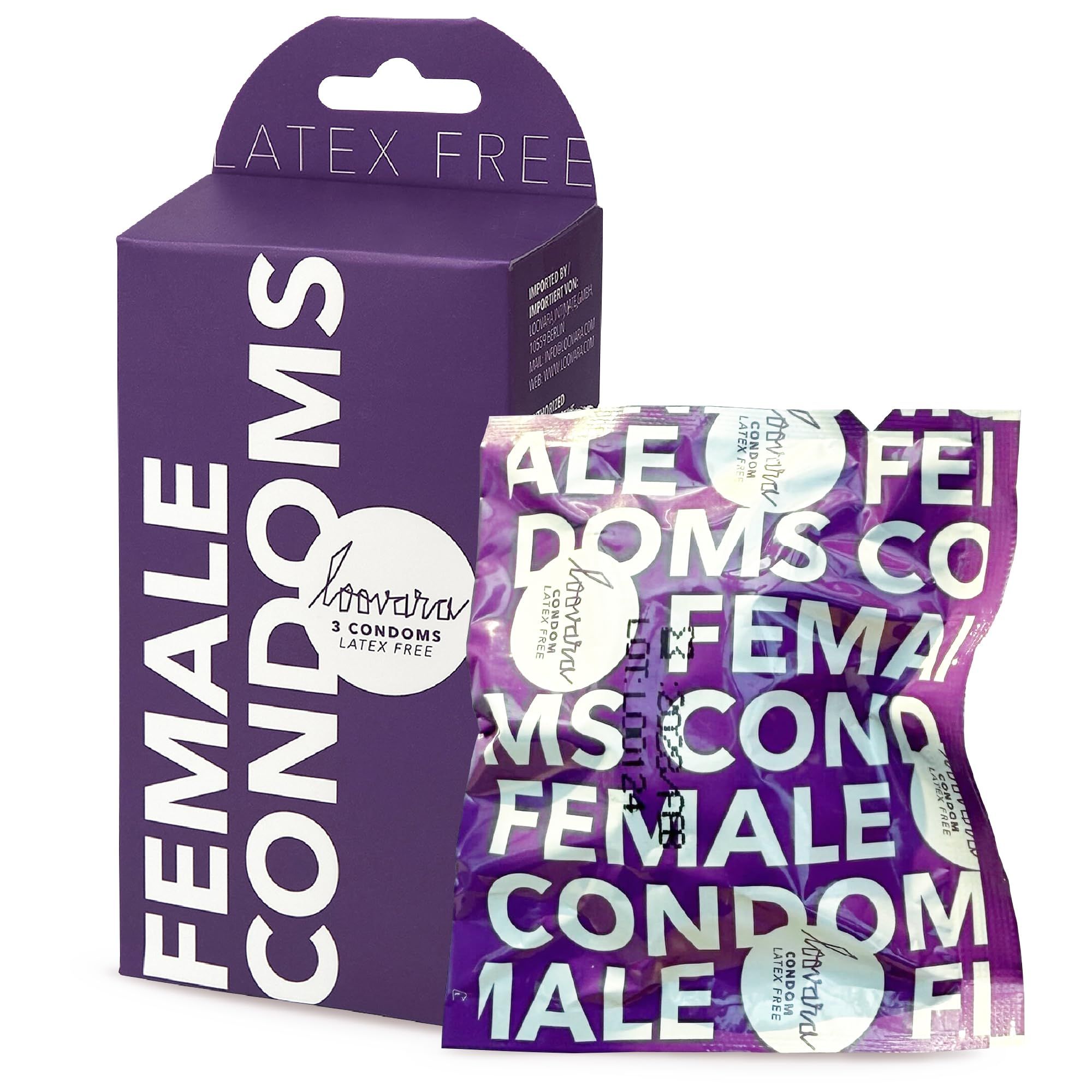 Lila Kartonverpackung und mehrere einzeln verpackte latexfreie Frauenkondome.