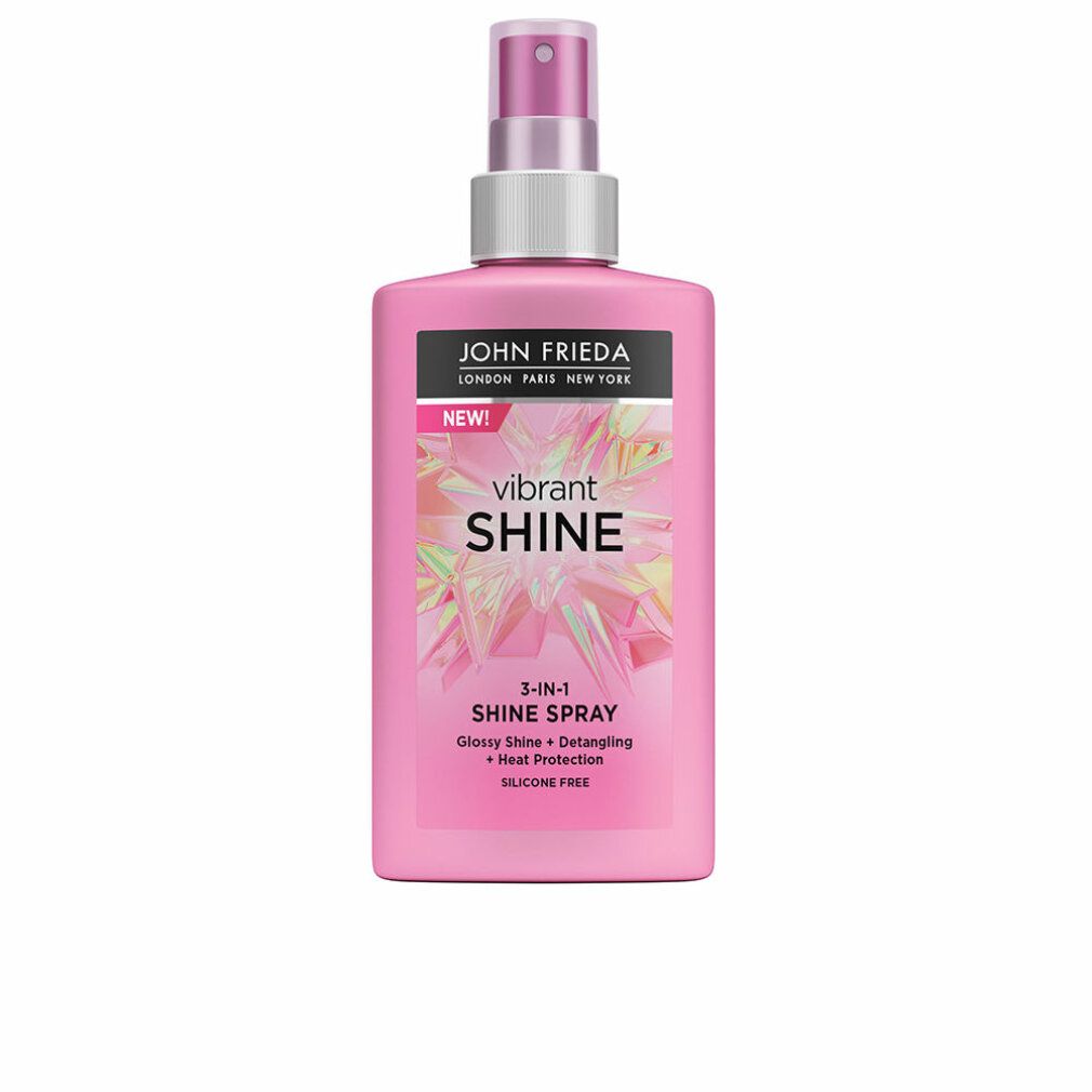 Rosa Flasche mit Sprühkopf. Aufschrift: John Frieda, Vibrant Shine, 3-in-1 Shine Spray. Enthält Glanz, Entwirrung, Hitzeschutz. Silikonfrei.
