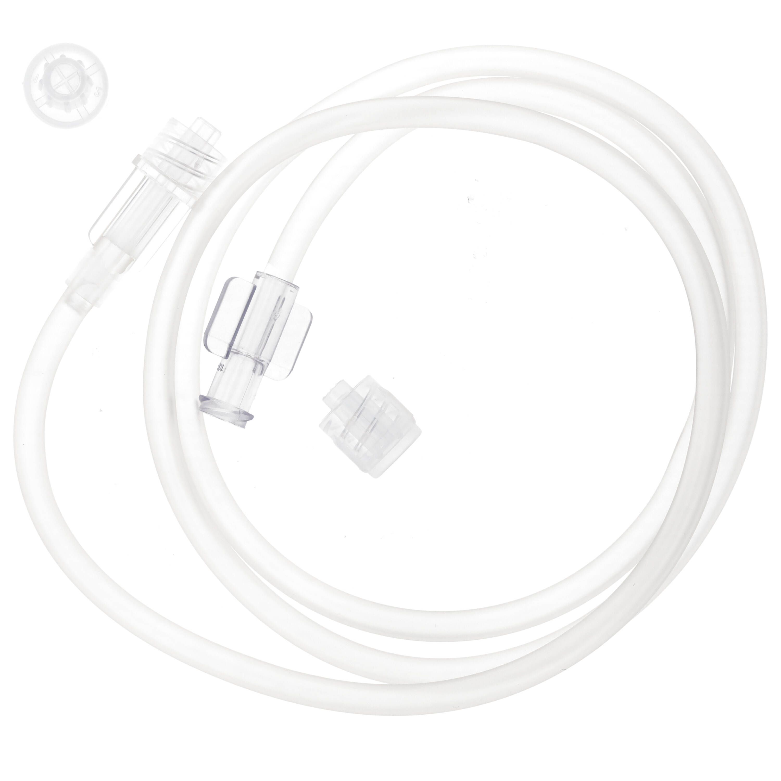 Transparente Verlängerungsschlauch mit Anschlüssen. Ein Ende mit Verschlusskappe. Medizinprodukt.