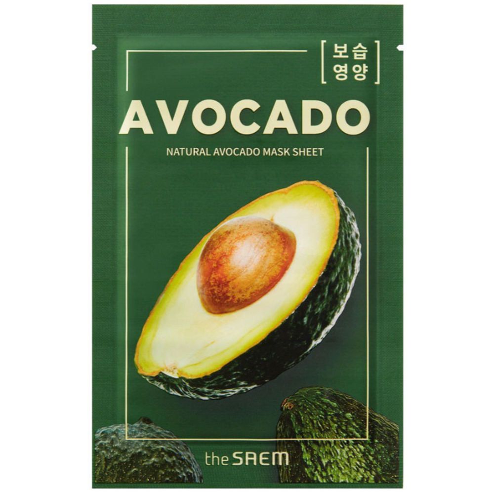 Grüne Verpackung mit Avocado-Illustration. Text: Avocado, Natural Avocado Mask Sheet. Marke: the Saem.