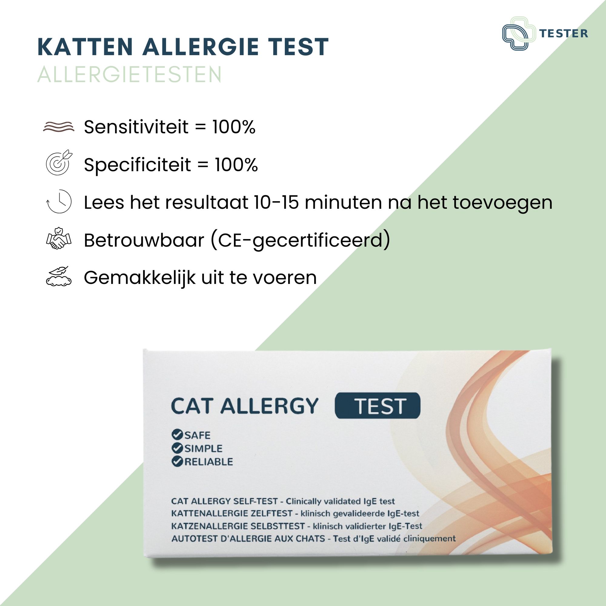 Text auf grünem Hintergrund: KATZEN ALLERGIE TEST, Sensitivität 100%, Spezifität 100%, CE-zertifiziert. Verpackung im unteren Bereich.
