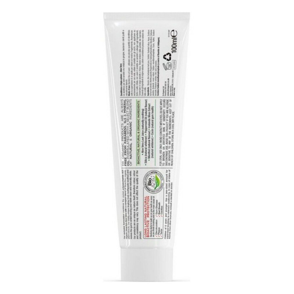 Zahnpasta-Tube und Schachtel. Aufschrift: Organic Aloe Vera Toothpaste. Grün-weißes Design.