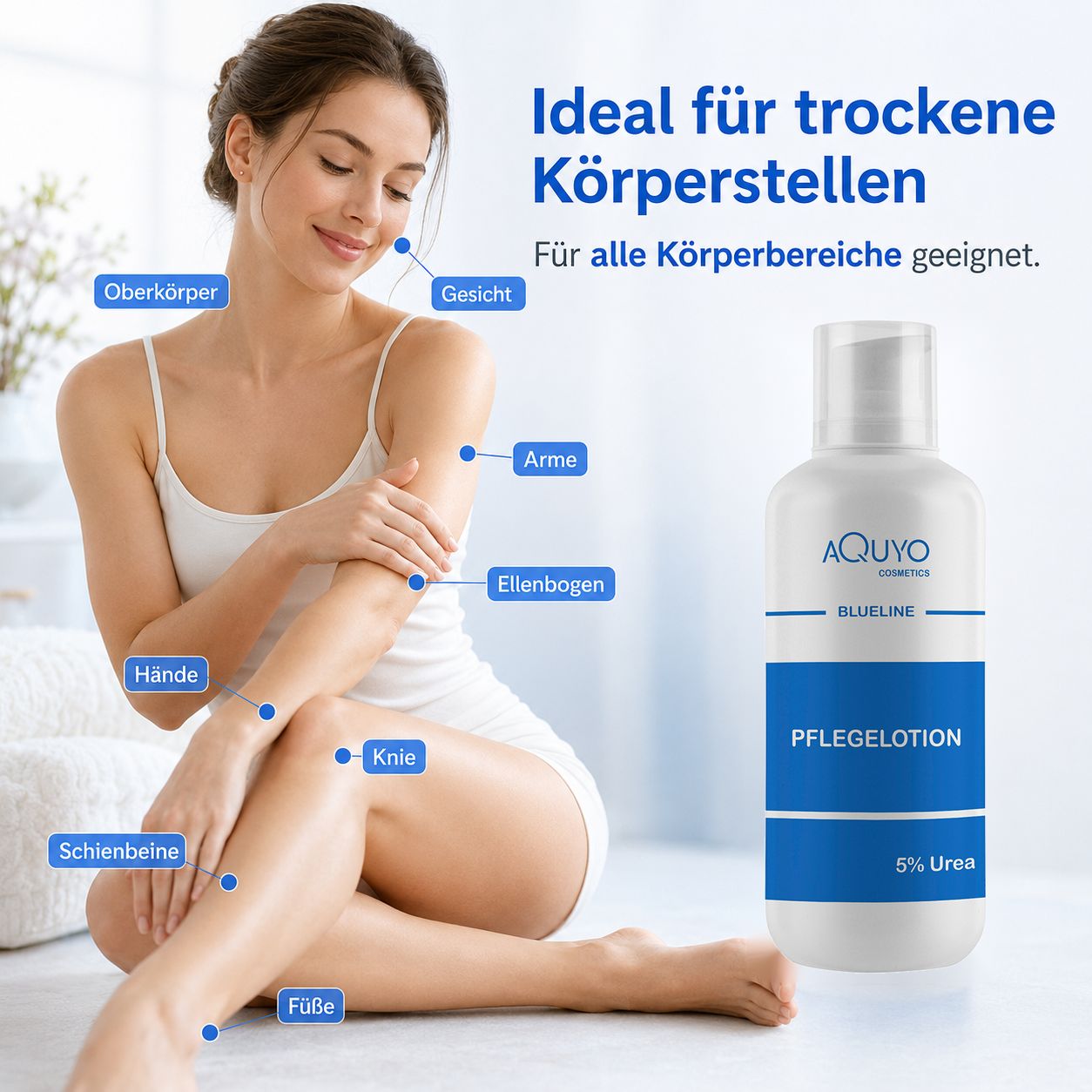 Frau mit weißem Top, zeigt Arme, Hände, Knie, Füße. Weiße Flasche mit blauer Aufschrift: Pflegelotion, 5% Urea.