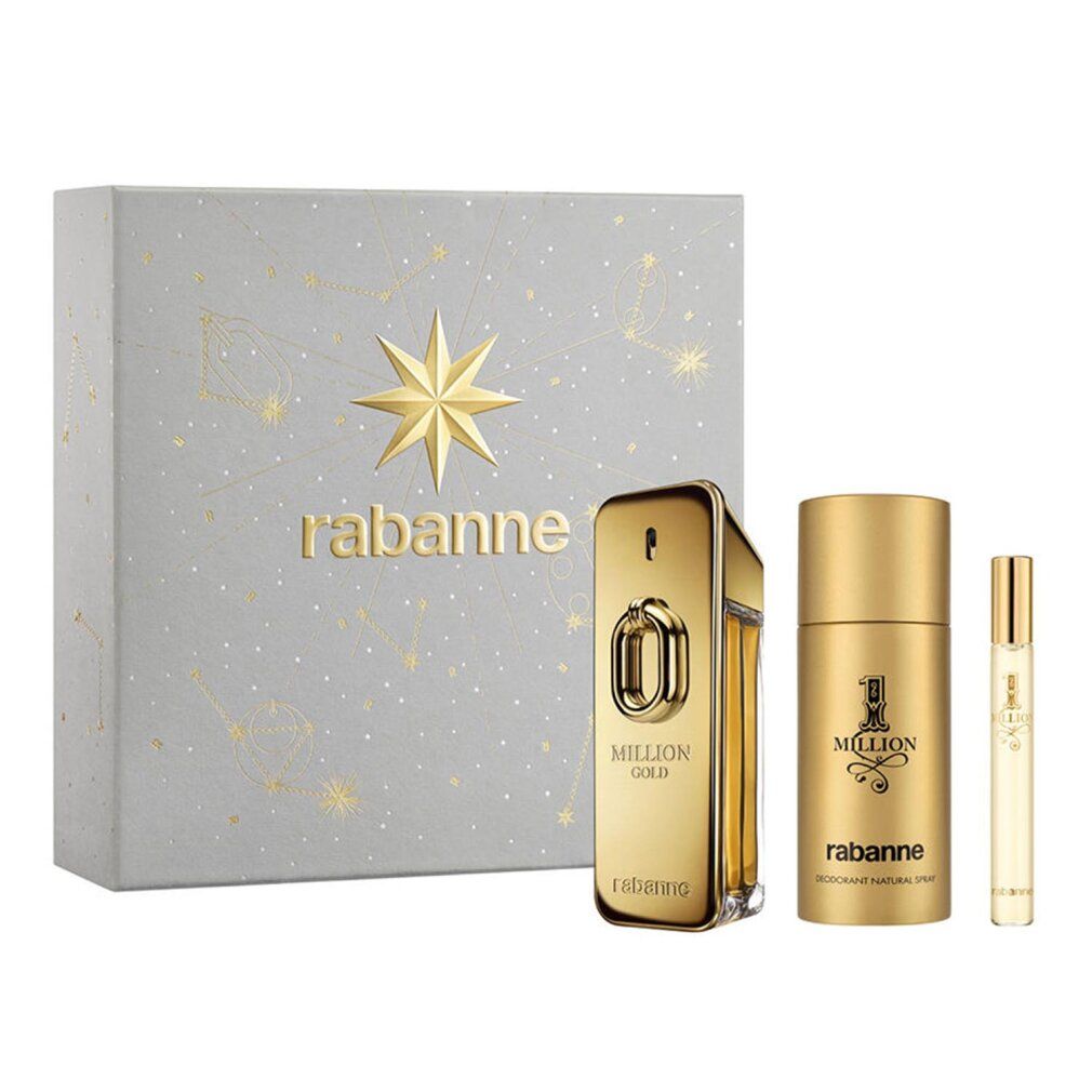 Geschenkset mit goldfarbenem Flakon, Deodorant und Zerstäuber. Graue Schachtel mit Sternmuster und Logo.