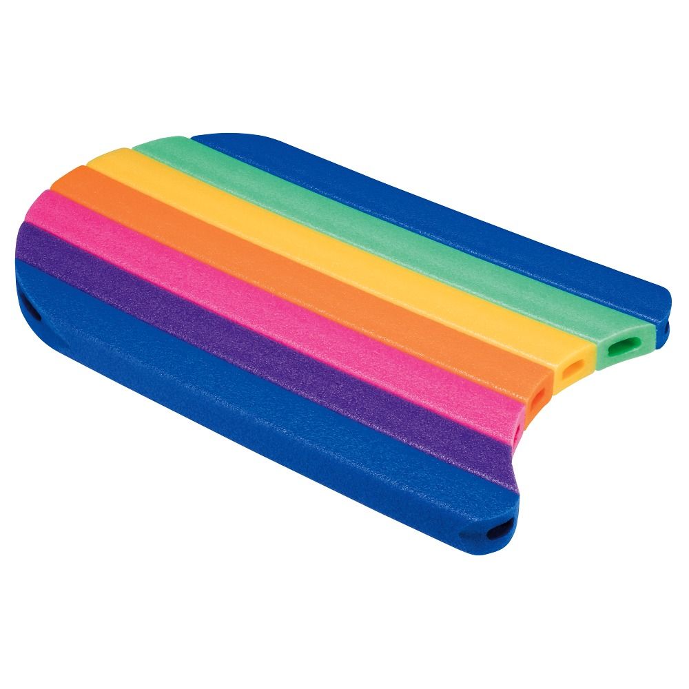 Schwimmbrett in Regenbogenfarben. Rechteckige Form mit abgerundeter Seite. Mehrfarbige Streifen: Blau, Pink, Orange, Gelb, Grün.