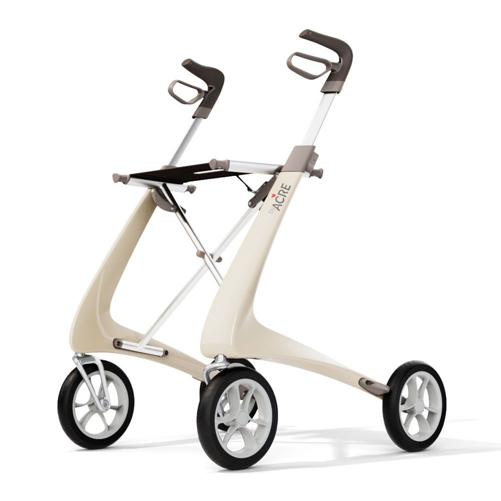 Rollator in Perlweiß mit drei Rädern, Handgriffen und Sitzfläche. Das Gestell ist hellbeige, Räder und Griffe sind dunkelgrau.