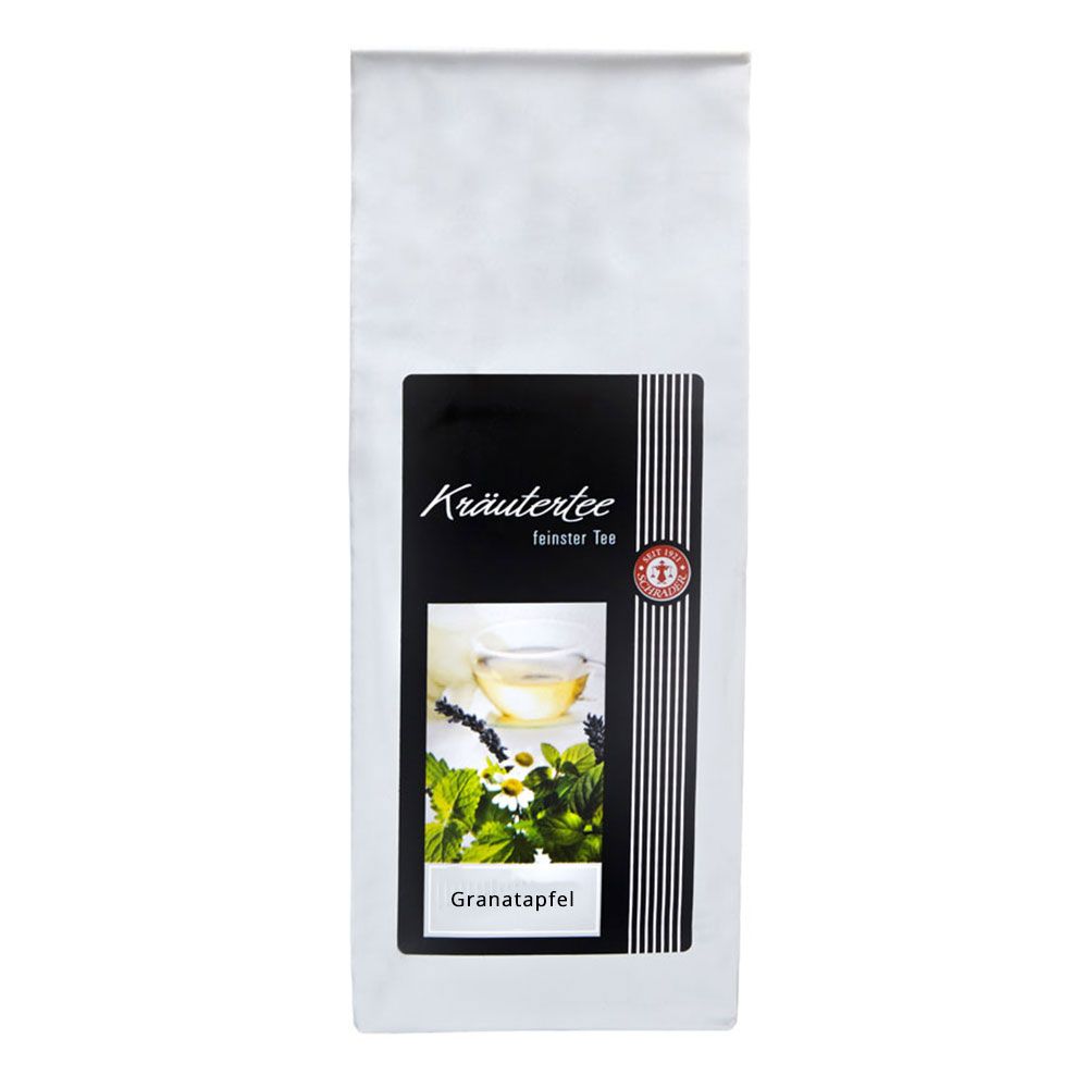 Weißer Beutel mit schwarzem Etikett. Aufschrift: Kräutertee Granatapfel. Abbildung einer Tasse Tee und Kräutern.