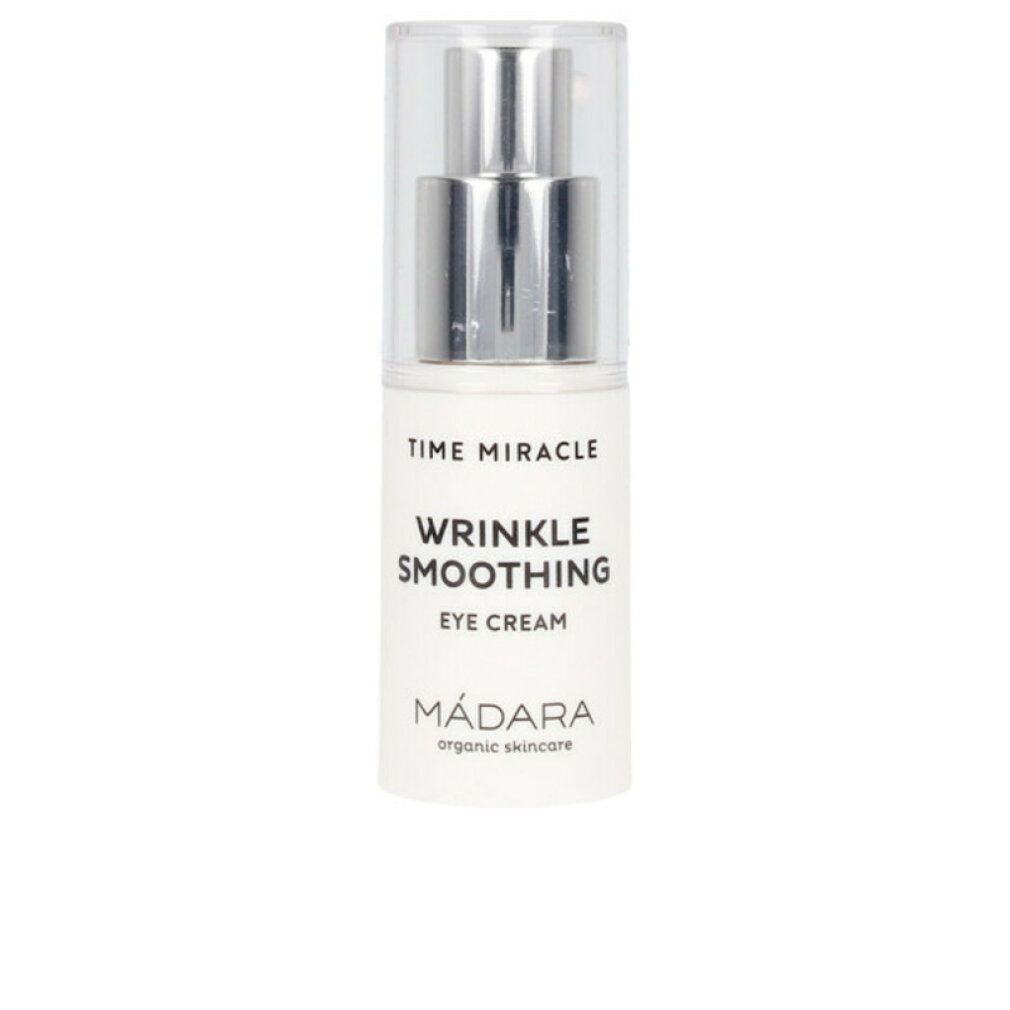 Madara Time Miracle Augencreme. Weiße Flasche mit silbernem Spender. Text: Time Miracle, Wrinkle Smoothing, Eye Cream. Transparent Kappe.