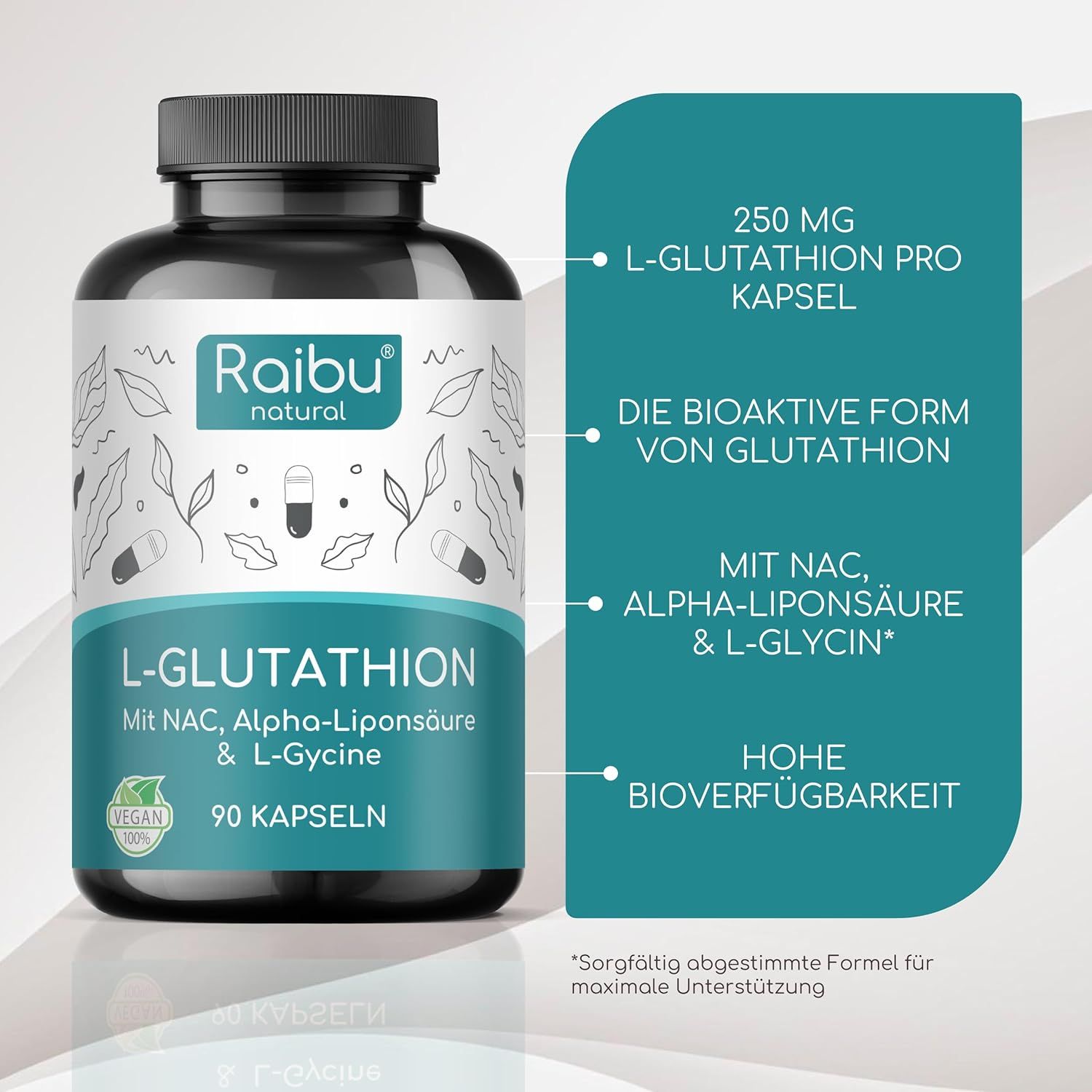 L-Glutathion Kapseln Hochdosiert - mit NAC, Alpha-Liponsäure & L-Glycin - RAIBU