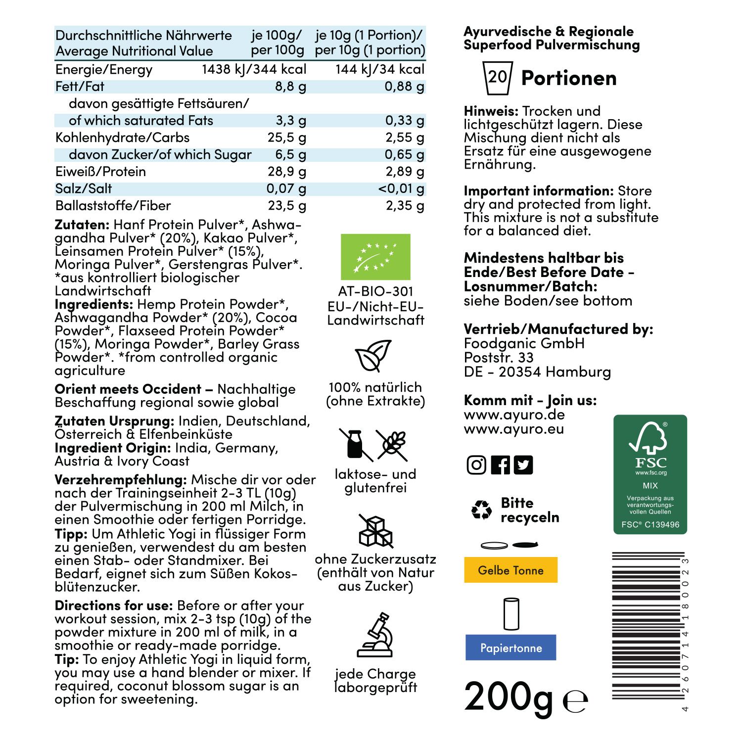 Nährwerttabelle und Zutatenliste für Athletic Yogi. Bio-Siegel, Laktose- und glutenfrei. 200g Packung.