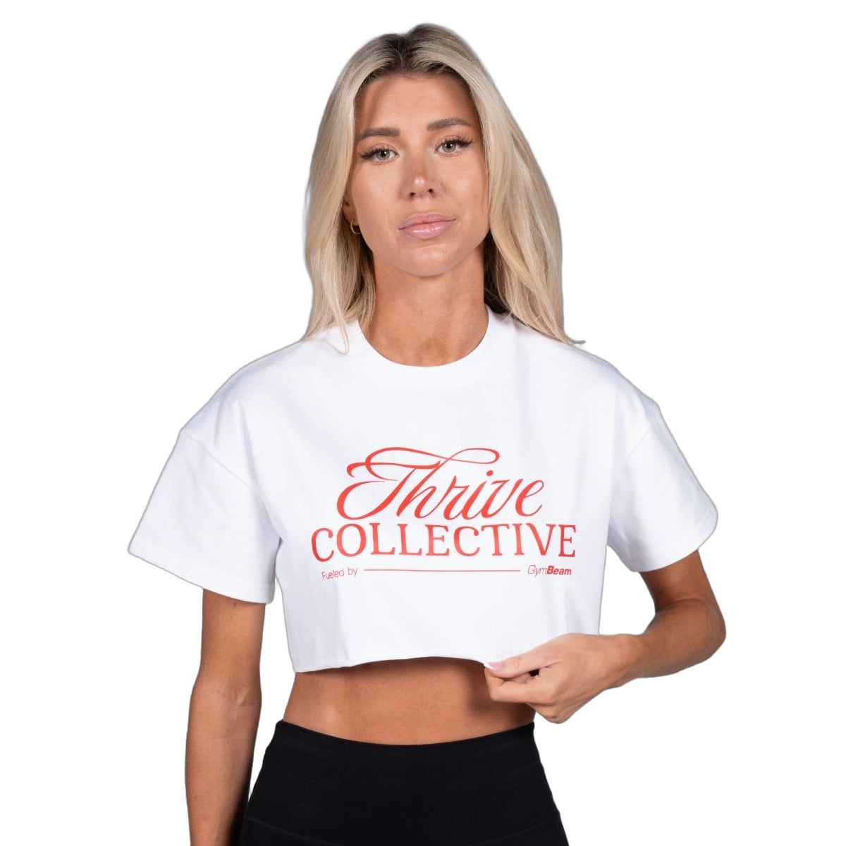 GymBeam Cropped T-Shirt Damen Thrive oversized mit rundem Ausschnitt in Weiß 1 St