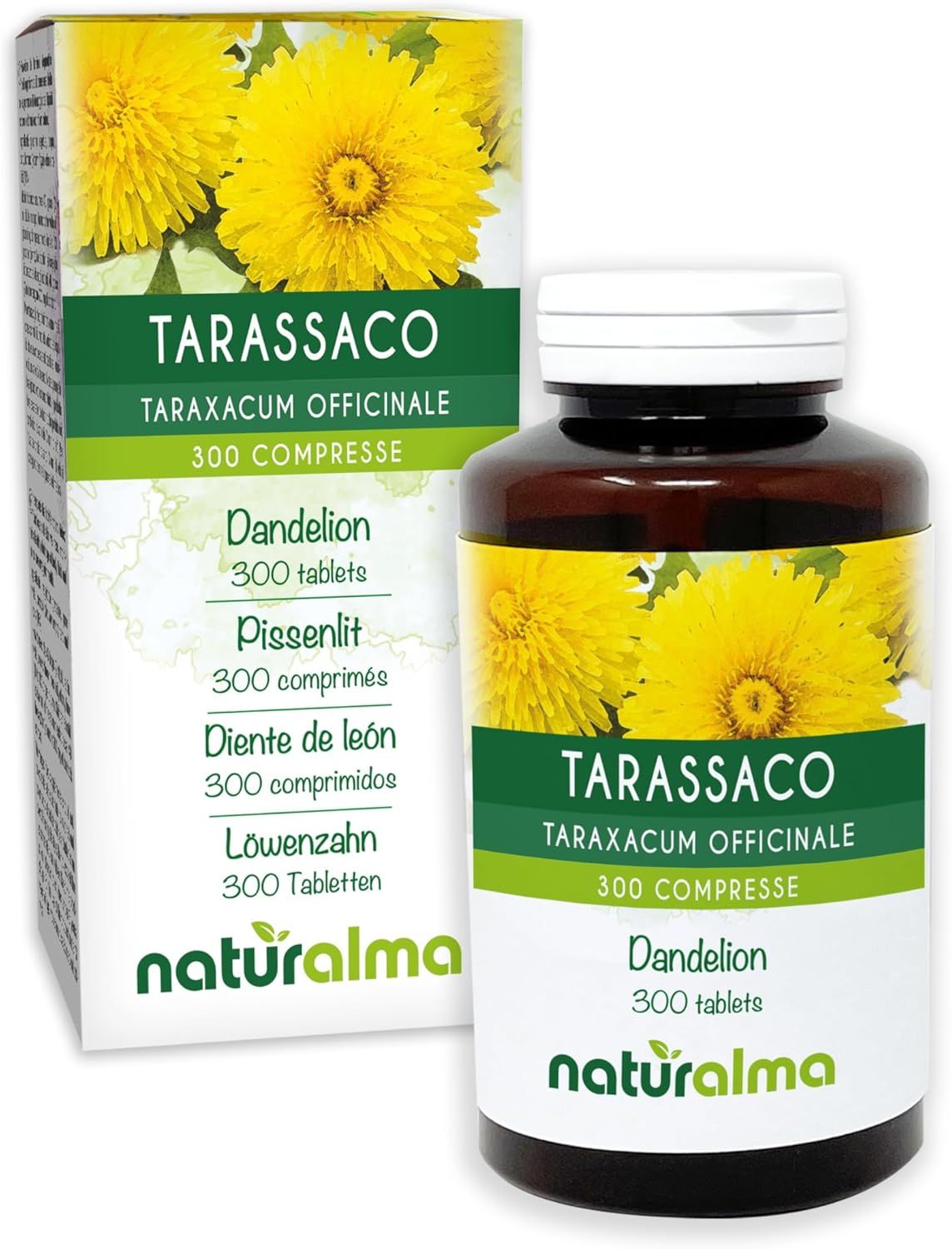Produktverpackung und Flasche mit Tabletten. Text: Tarassaco, Löwenzahn, 300 Tabletten. Logo Naturalma.
