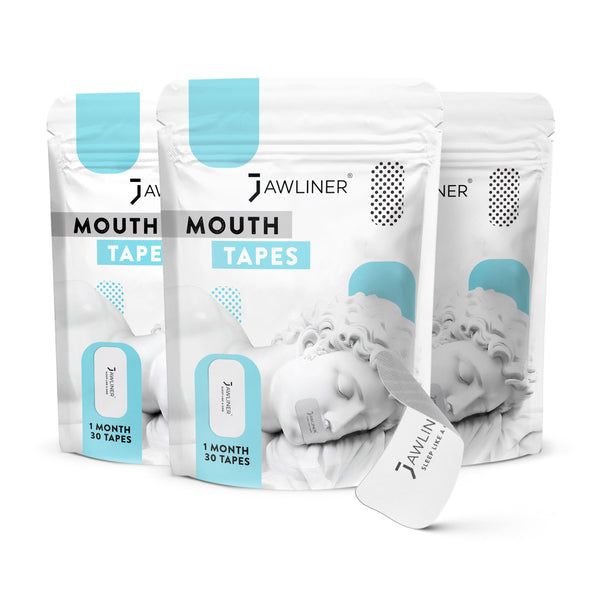 Drei Beutel mit Aufschrift JAWLINER MOUTH TAPES. Ein Beutel ist geöffnet, ein Tape sichtbar. Aufschrift: 1 MONTH 30 TAPES.