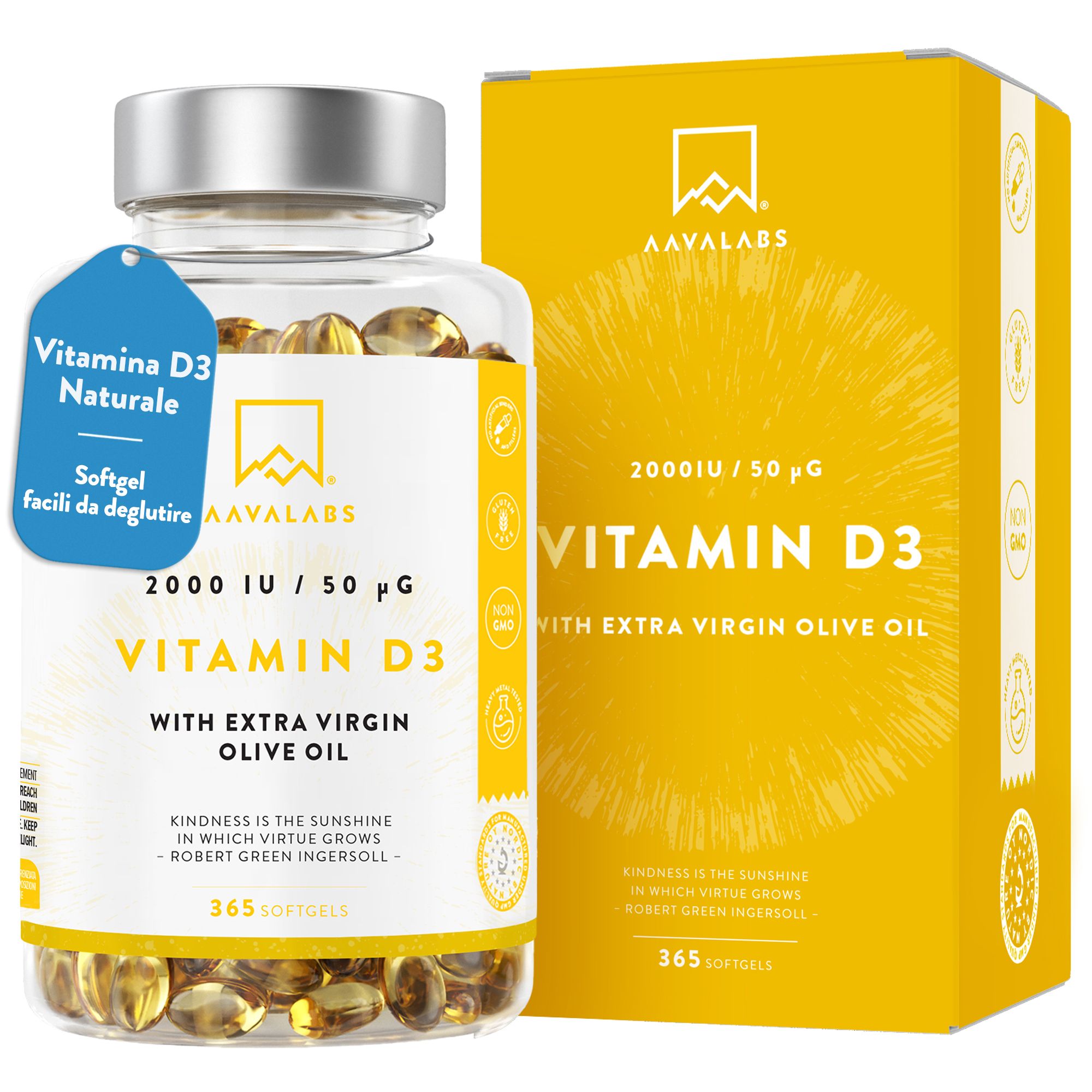 Klarflasche mit Kapseln, gelbes Etikett, gelbe Schachtel. Aufschrift: Vitamin D3, 2000 IE.