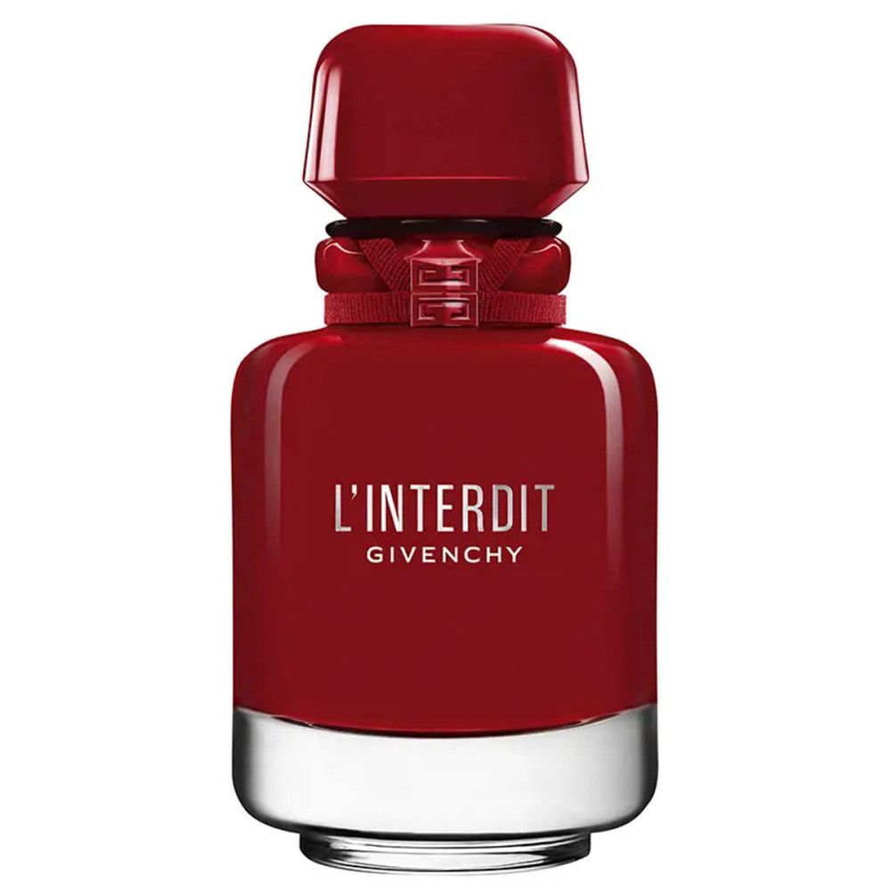 Roter Flakon mit rotem Verschluss. Aufschrift: L'Interdit Givenchy. Flakon mit silbernem Boden.