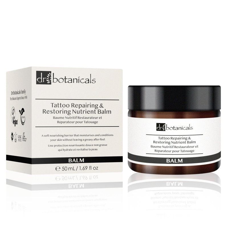 Dr. Botanicals Tattoo Balm Tiegel und Kartonverpackung.